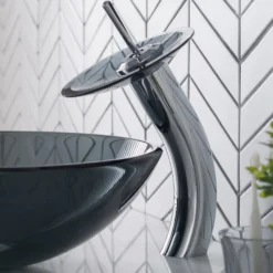 Waterfall Bathroom Faucet with Clear Black Glass Disk and Pop-Up Drain in Chrome
