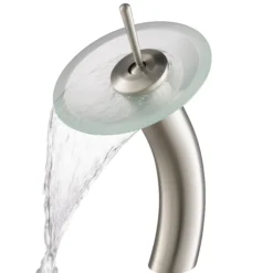 Waterfall Bathroom Faucet with Frosted Glass Disk in Satin Nickel