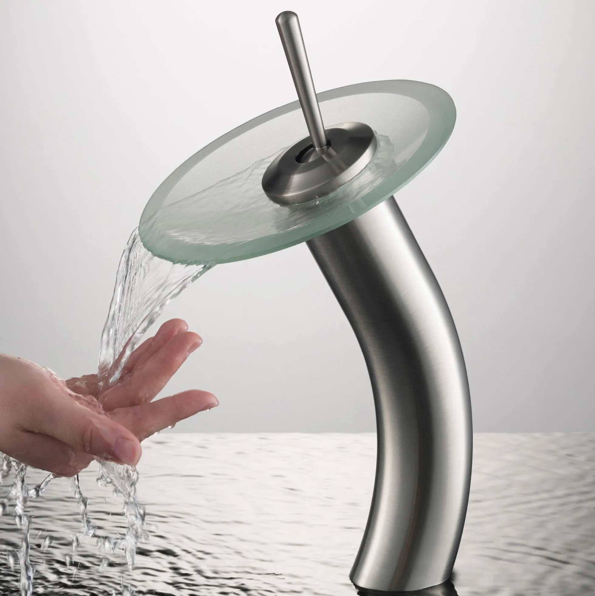 Waterfall Bathroom Faucet with Frosted Glass Disk in Satin Nickel
