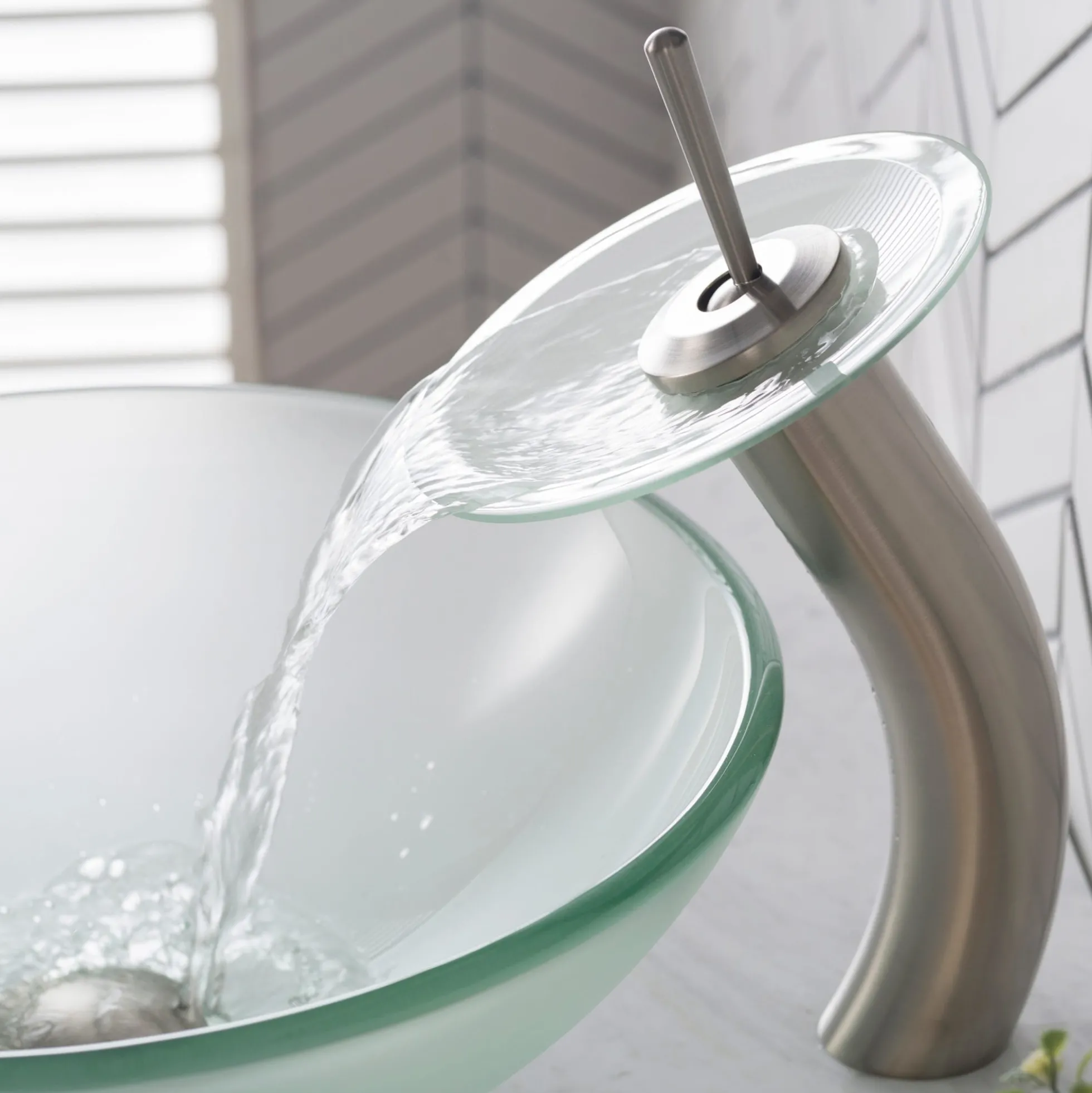 Waterfall Bathroom Faucet with Frosted Glass Disk in Satin Nickel