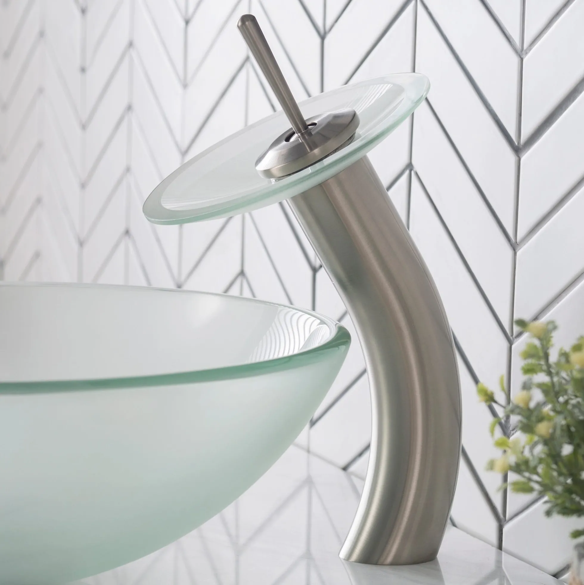 Waterfall Bathroom Faucet with Frosted Glass Disk in Satin Nickel