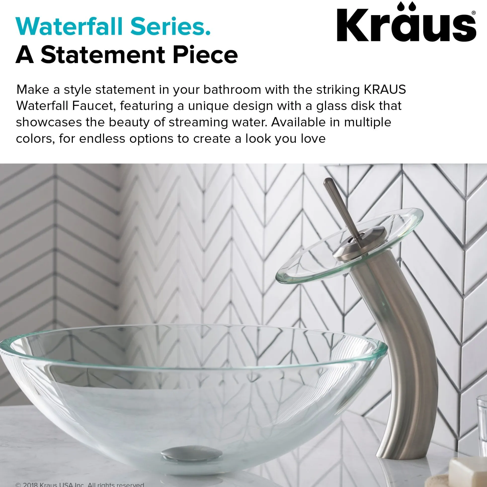 Waterfall Bathroom Faucet with Clear Glass Disk in Satin Nickel