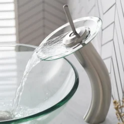 Waterfall Bathroom Faucet with Clear Glass Disk in Satin Nickel
