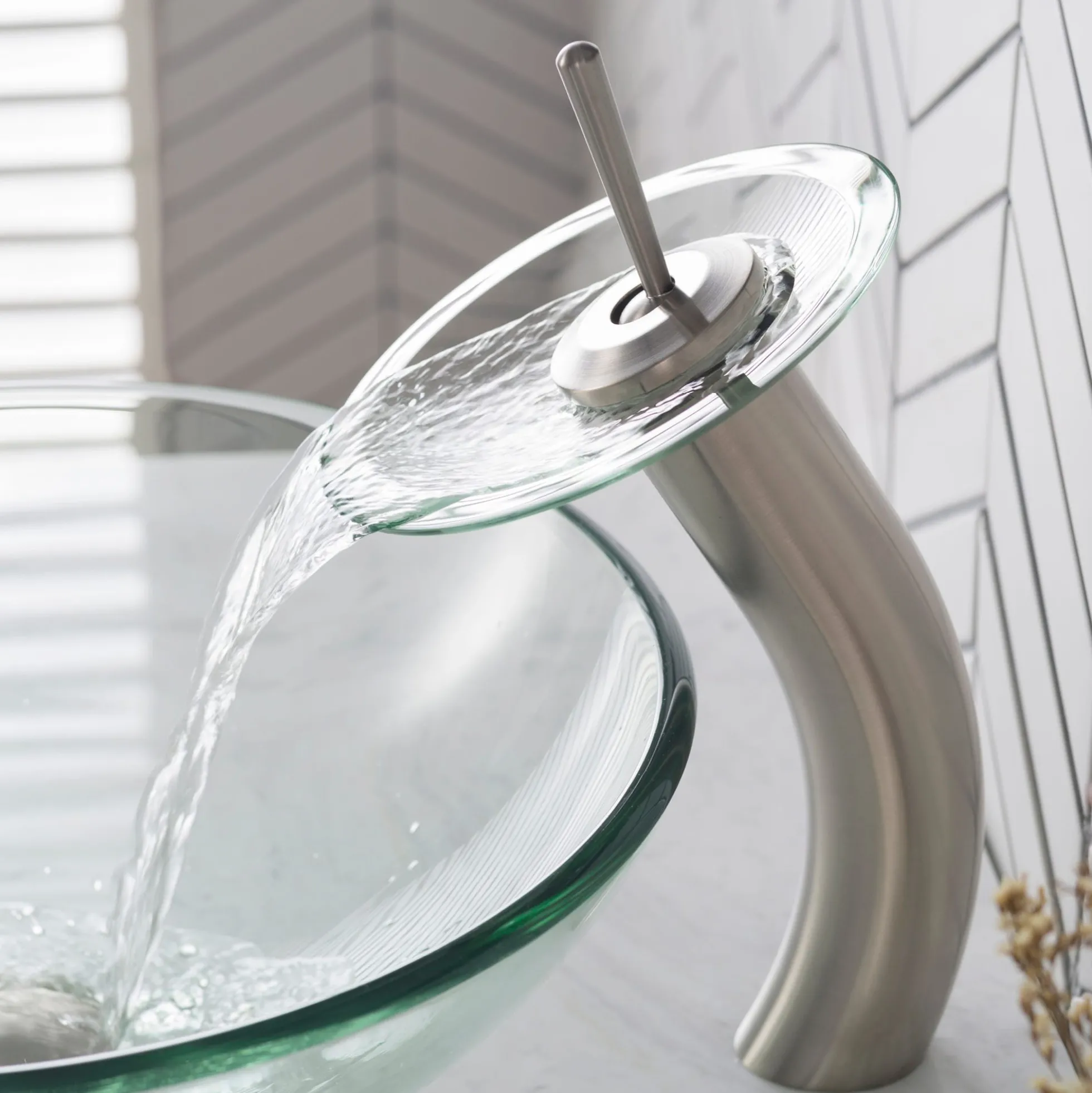 Waterfall Bathroom Faucet with Clear Glass Disk in Satin Nickel