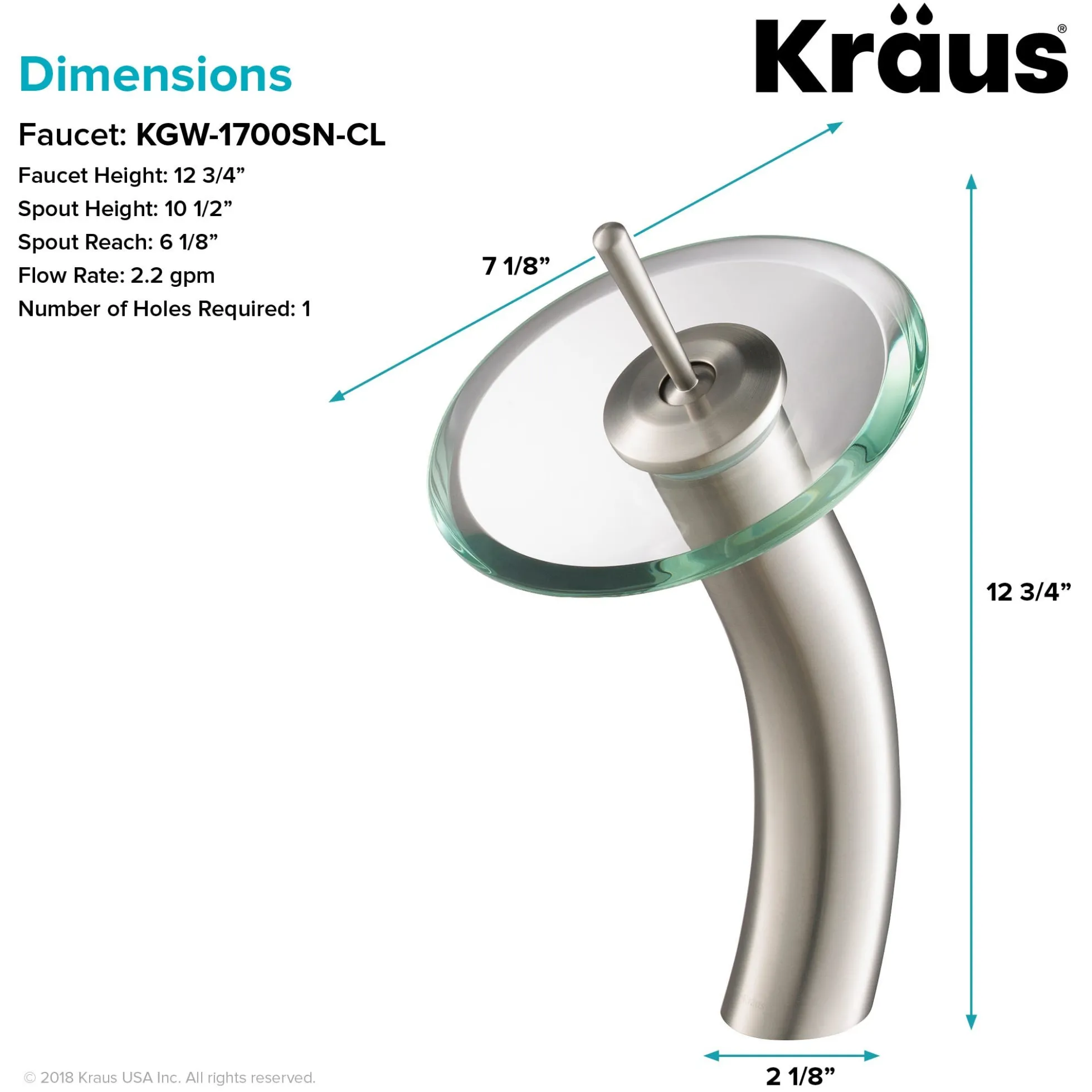 Waterfall Bathroom Faucet with Clear Glass Disk in Satin Nickel