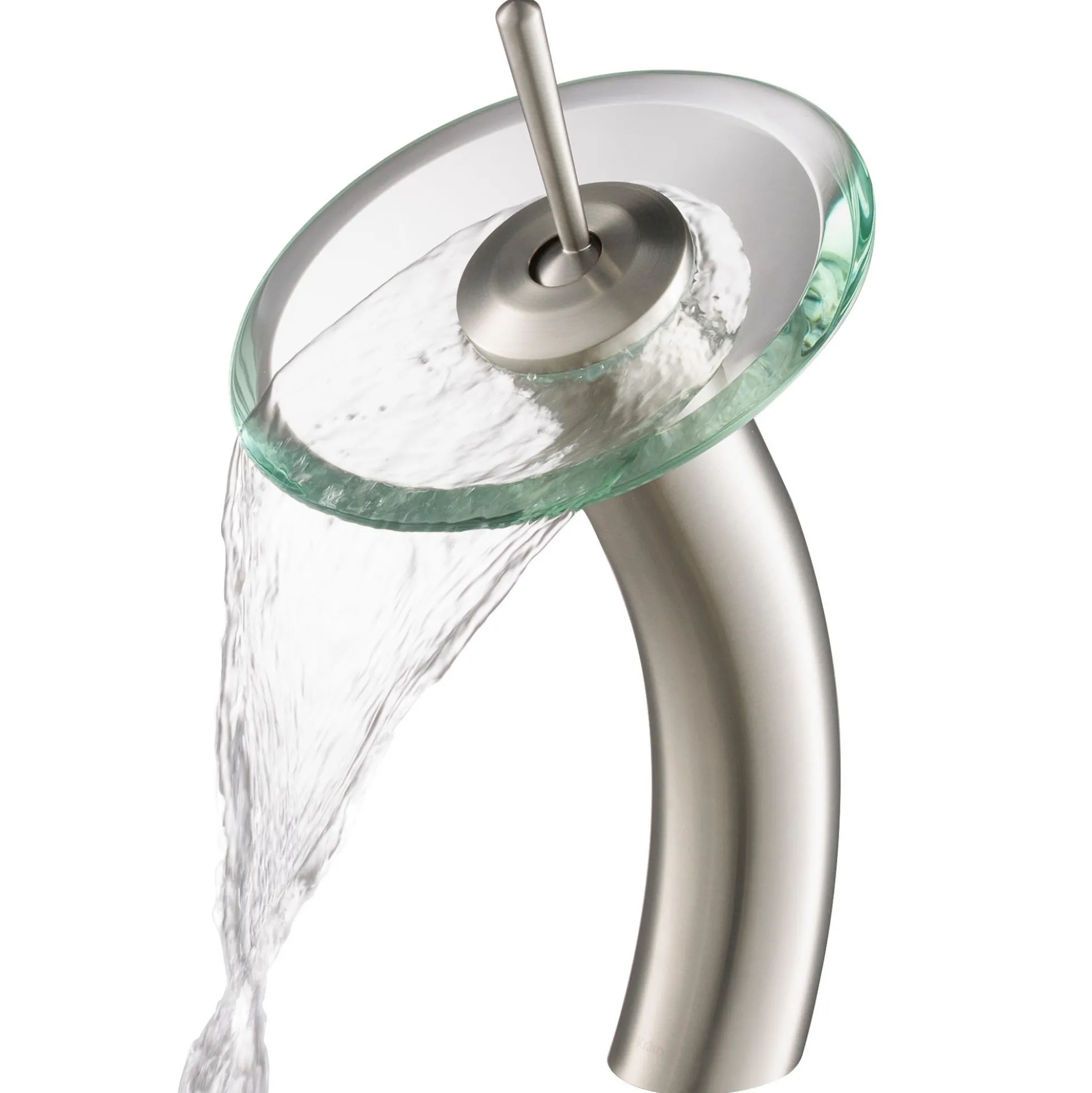 Waterfall Bathroom Faucet with Clear Glass Disk in Satin Nickel