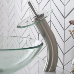 Waterfall Bathroom Faucet with Clear Glass Disk in Satin Nickel