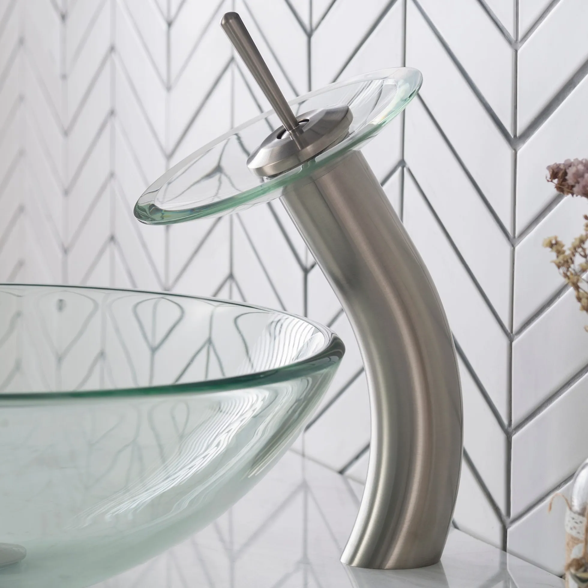 Waterfall Bathroom Faucet with Clear Glass Disk in Satin Nickel