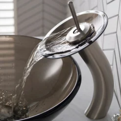 Waterfall Bathroom Faucet with Clear Brown Glass Disk in Satin Nickel