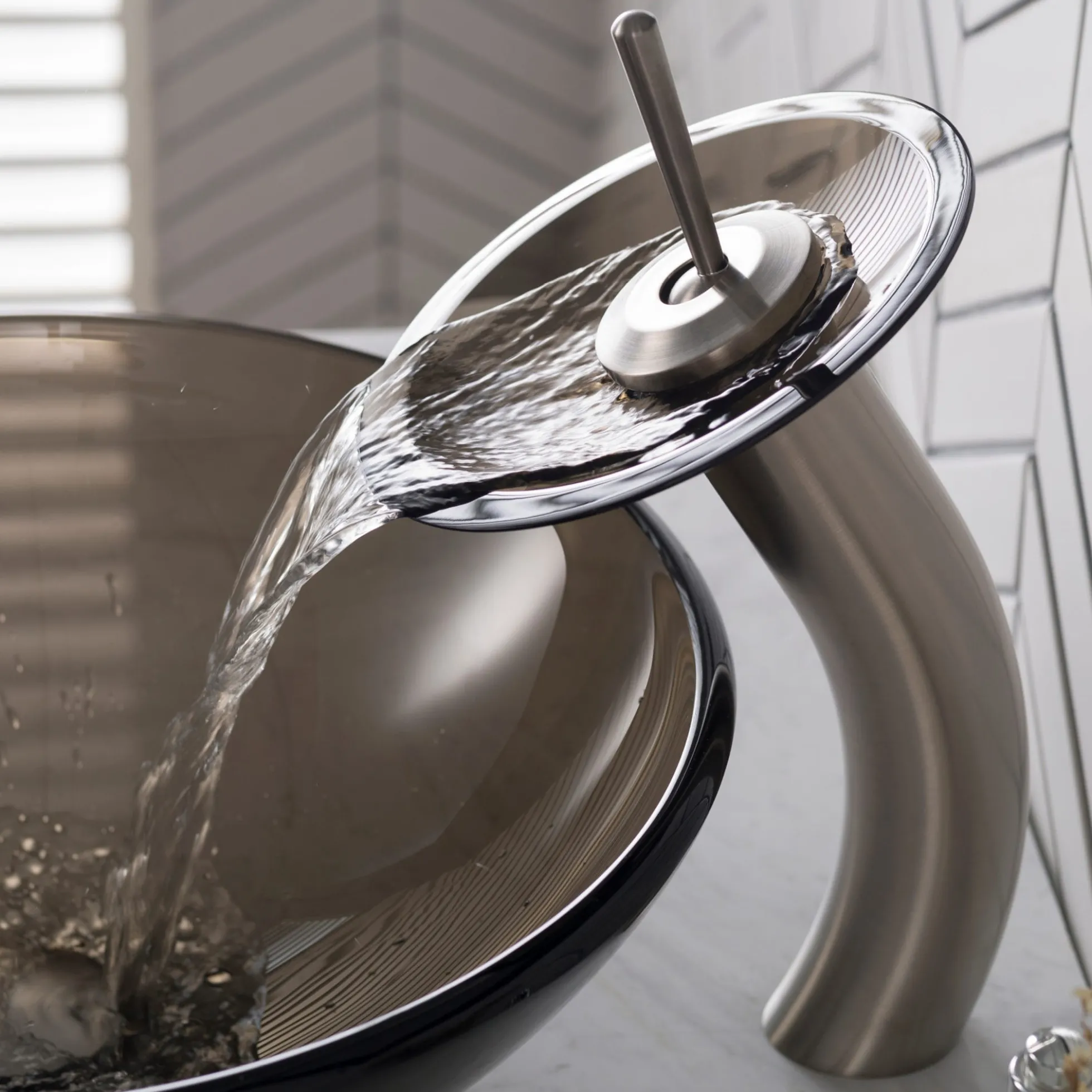 Waterfall Bathroom Faucet with Clear Brown Glass Disk in Satin Nickel