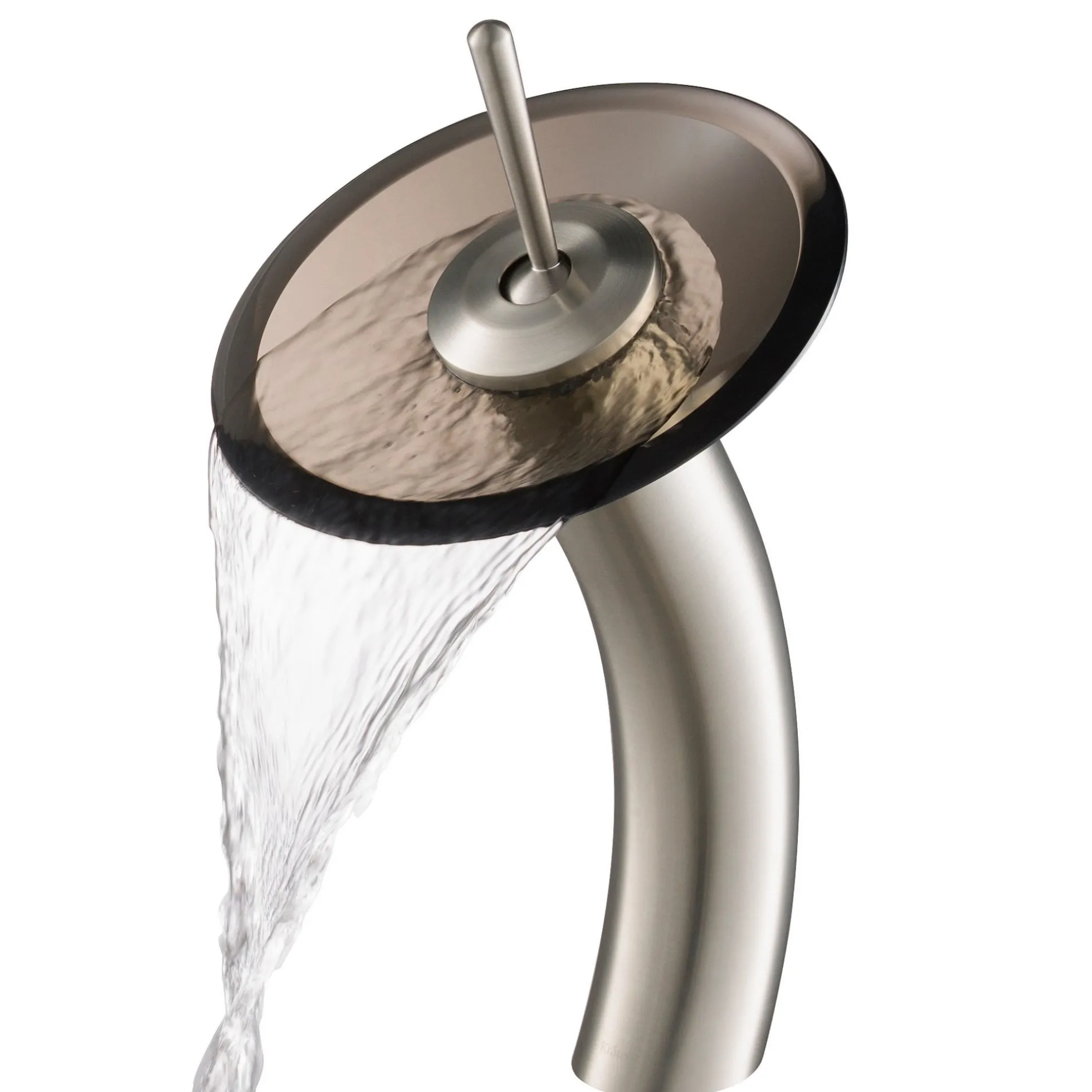 Waterfall Bathroom Faucet with Clear Brown Glass Disk in Satin Nickel