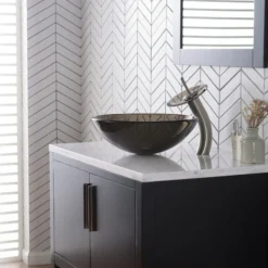 Waterfall Bathroom Faucet with Clear Brown Glass Disk in Satin Nickel