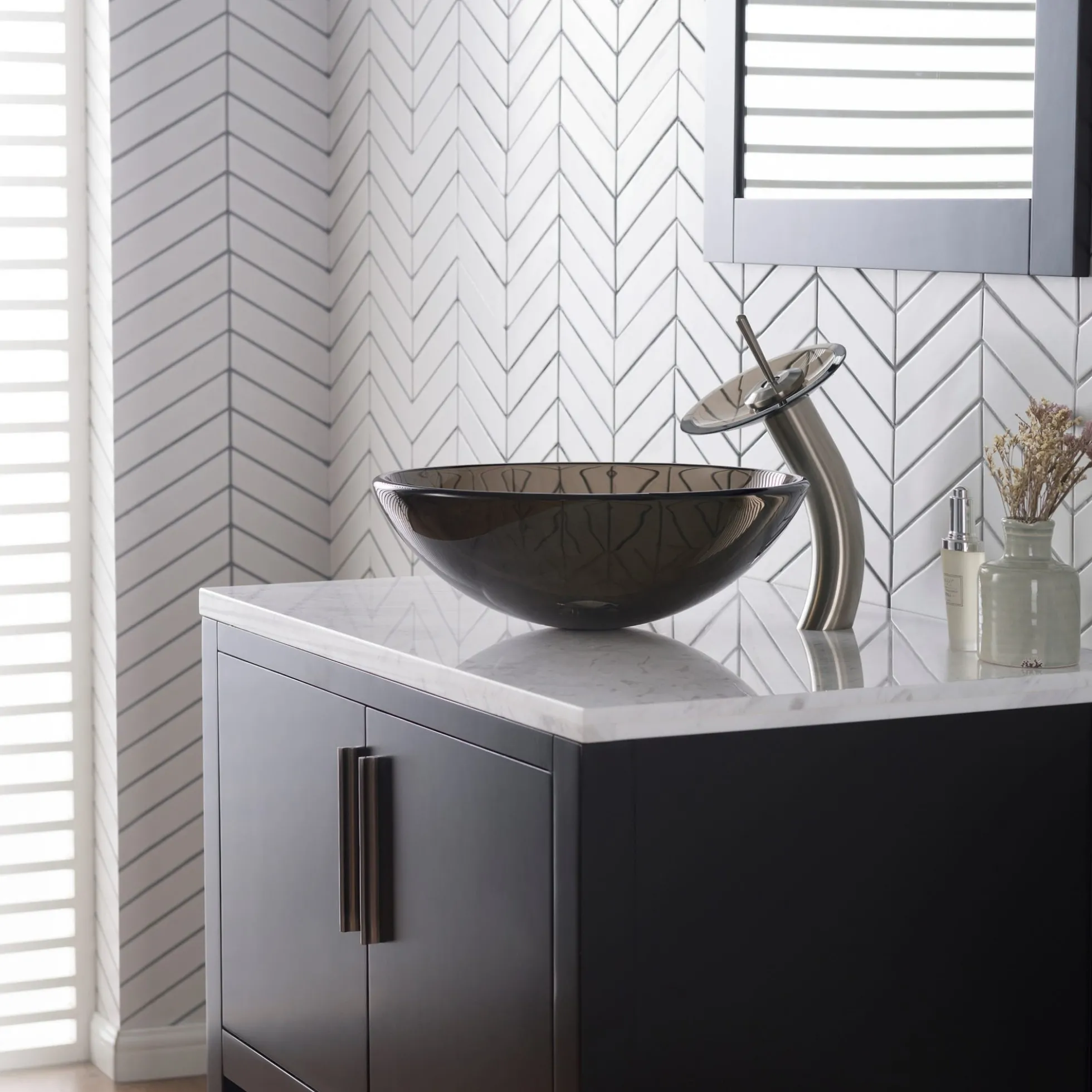 Waterfall Bathroom Faucet with Clear Brown Glass Disk in Satin Nickel