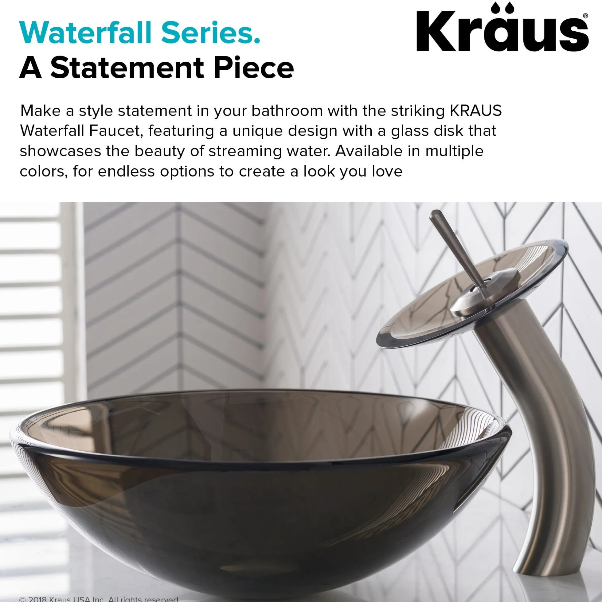 Waterfall Bathroom Faucet with Clear Brown Glass Disk in Satin Nickel
