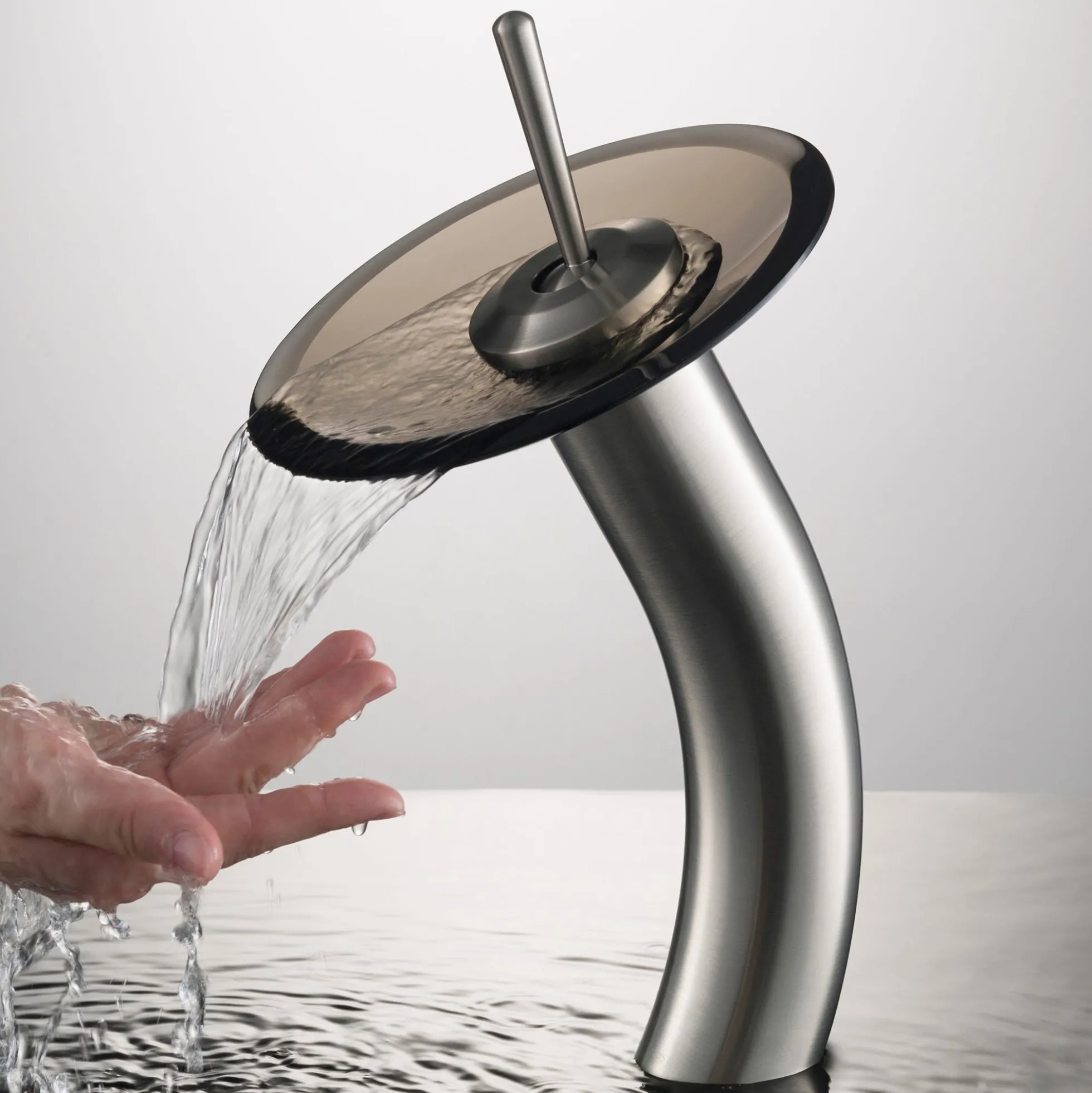 Waterfall Bathroom Faucet with Clear Brown Glass Disk in Satin Nickel