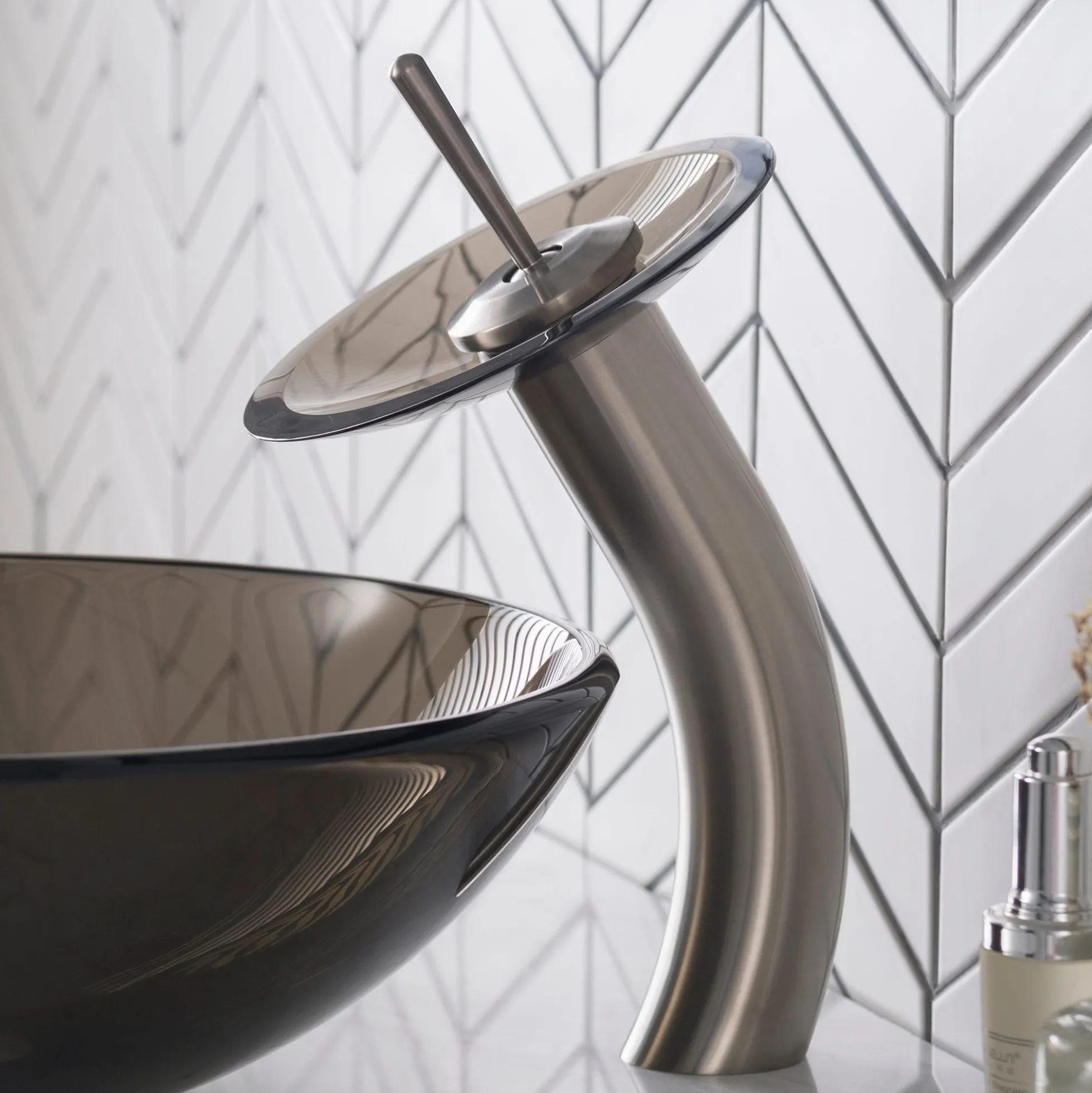 Waterfall Bathroom Faucet with Clear Brown Glass Disk in Satin Nickel