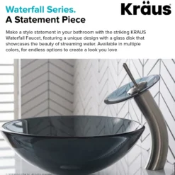Waterfall Bathroom Faucet with Frosted Black Glass Disk in Satin Nickel