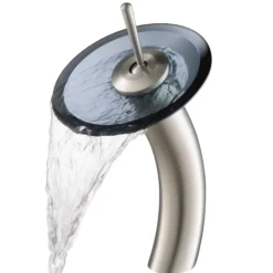 Waterfall Bathroom Faucet with Clear Black Glass Disk in Satin Nickel