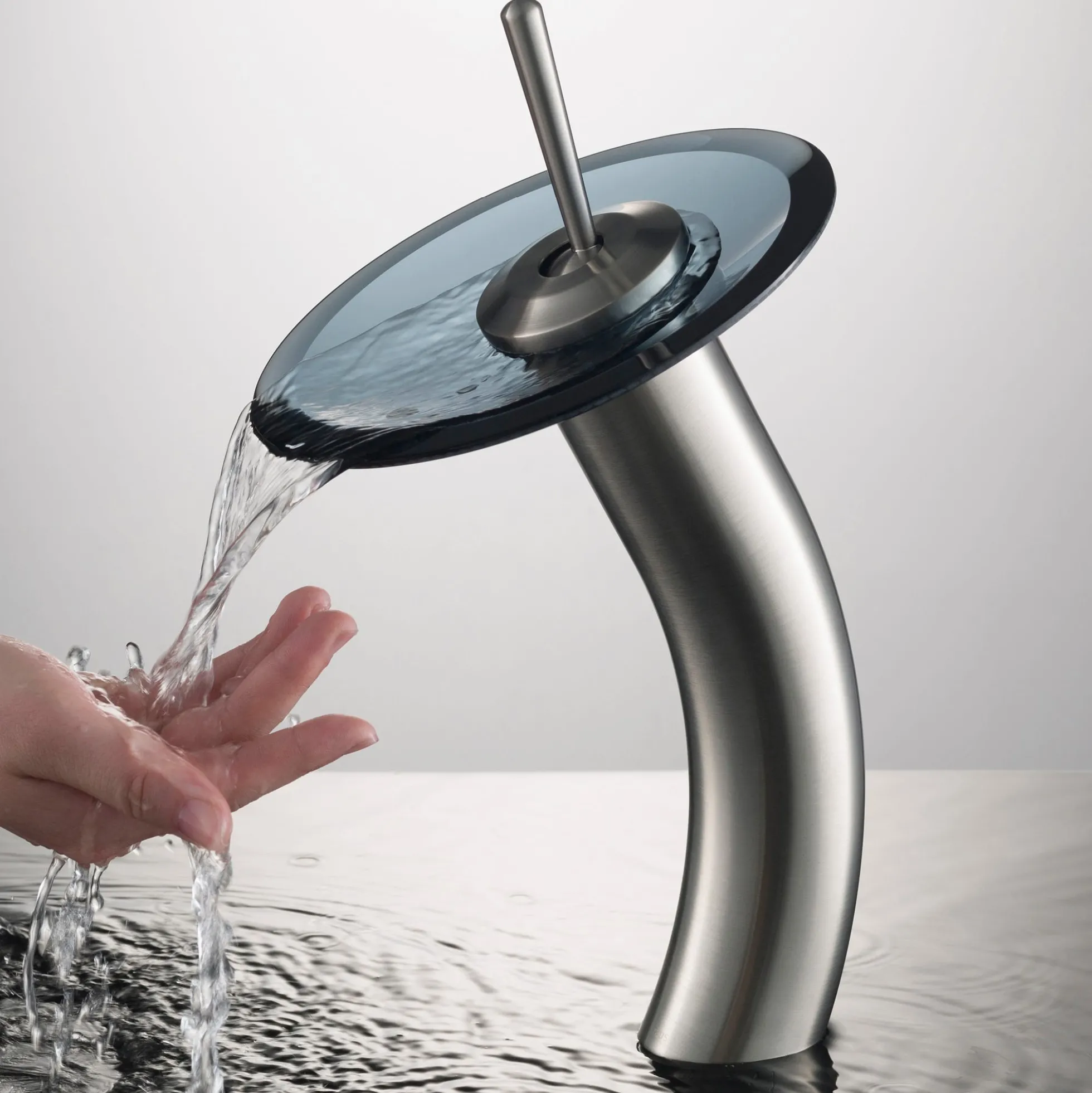 Waterfall Bathroom Faucet with Clear Black Glass Disk in Satin Nickel