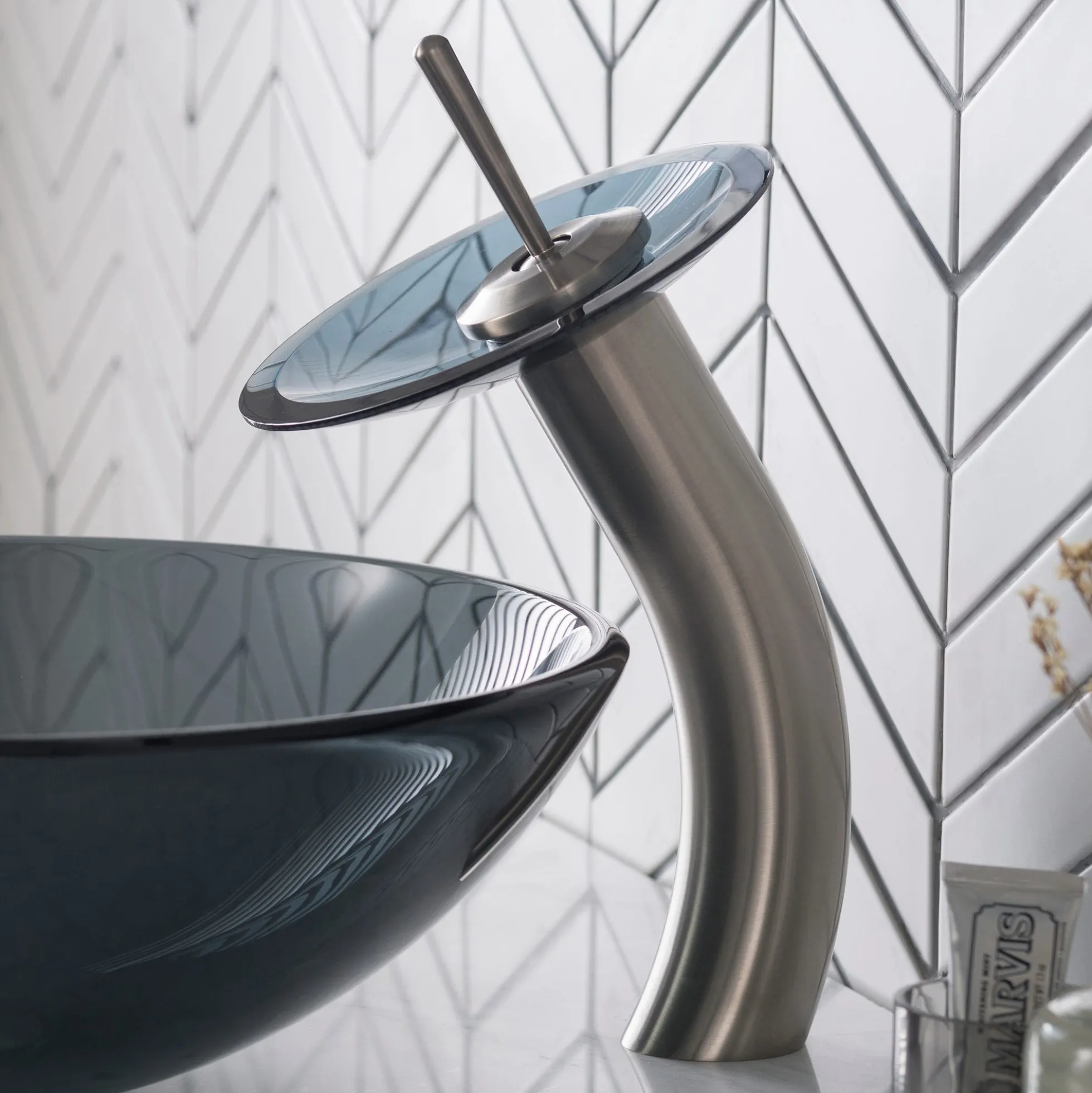 Waterfall Bathroom Faucet with Clear Black Glass Disk in Satin Nickel