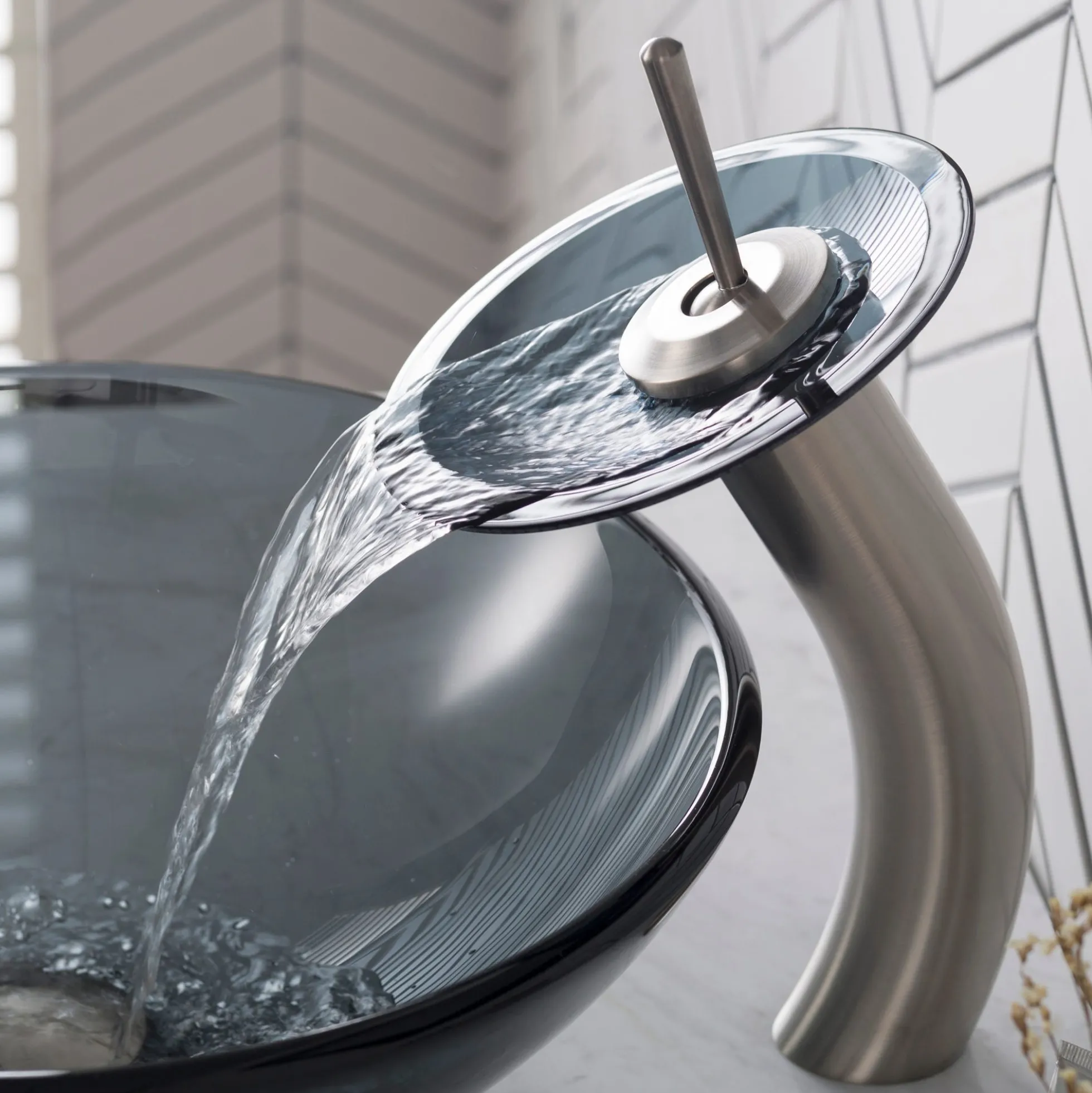 Waterfall Bathroom Faucet with Clear Black Glass Disk in Satin Nickel