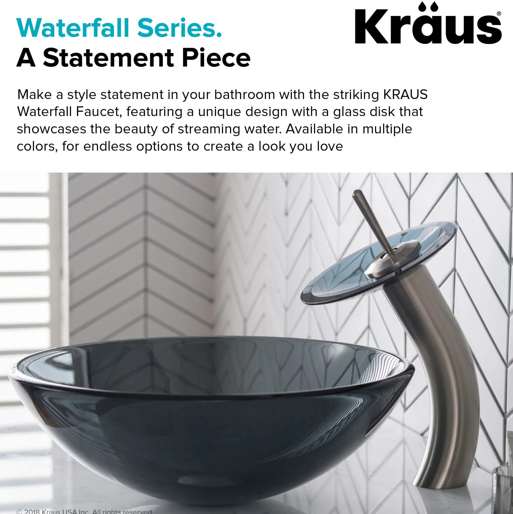Waterfall Bathroom Faucet with Clear Black Glass Disk in Satin Nickel