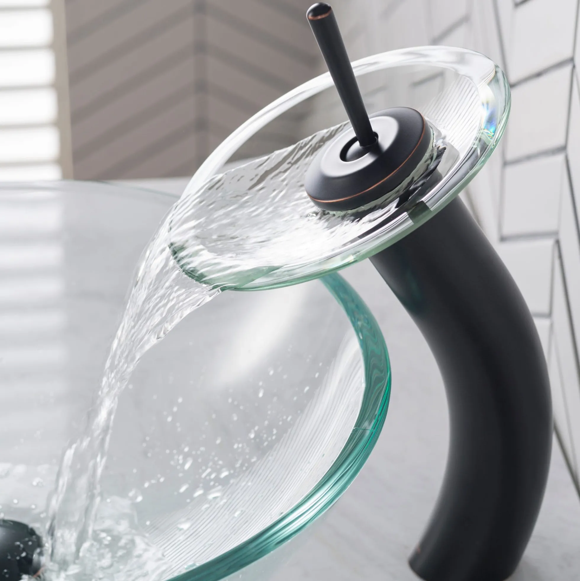 Waterfall Bathroom Faucet with Clear Glass Disk in Oil Rubbed Bronze