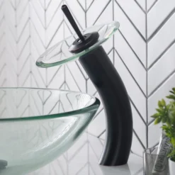 Waterfall Bathroom Faucet with Clear Glass Disk in Oil Rubbed Bronze
