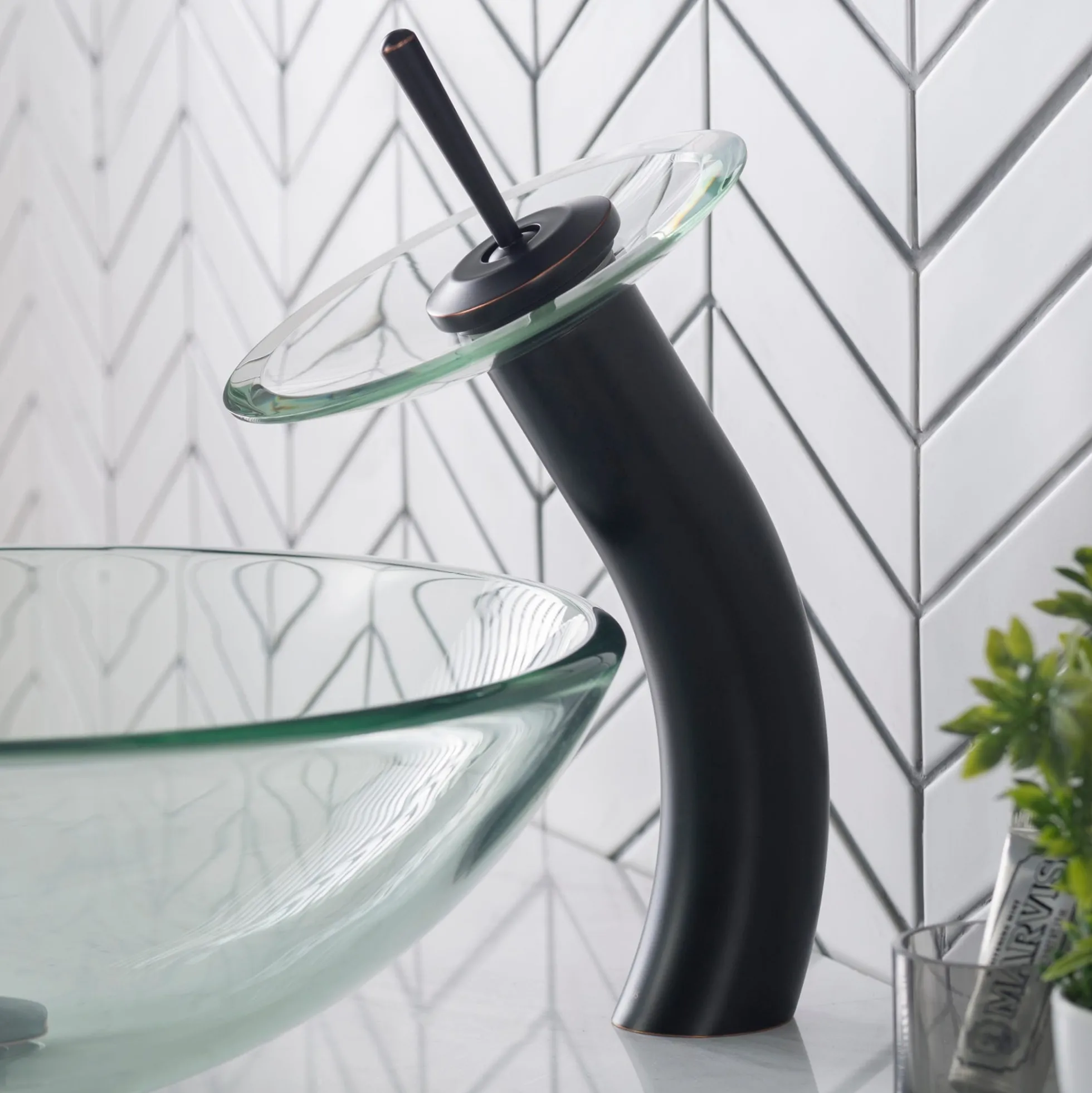 Waterfall Bathroom Faucet with Clear Glass Disk in Oil Rubbed Bronze