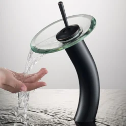 Waterfall Bathroom Faucet with Clear Glass Disk in Oil Rubbed Bronze