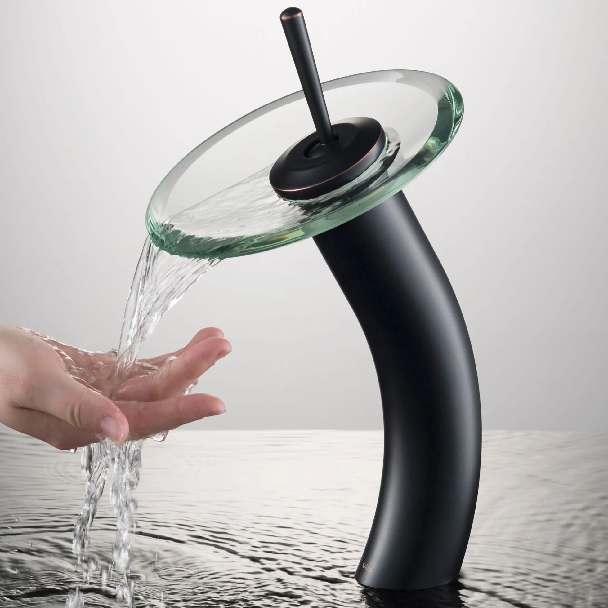Waterfall Bathroom Faucet with Clear Glass Disk in Oil Rubbed Bronze