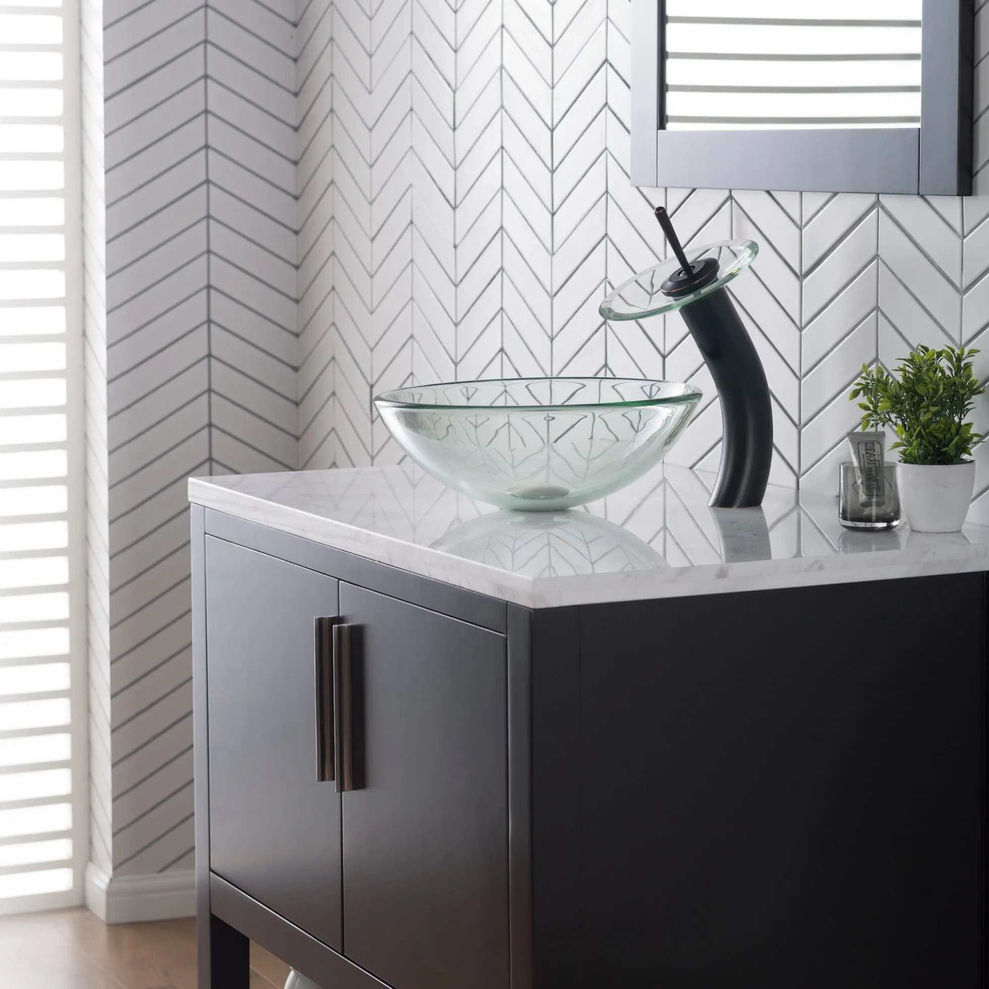 Waterfall Bathroom Faucet with Clear Glass Disk in Oil Rubbed Bronze