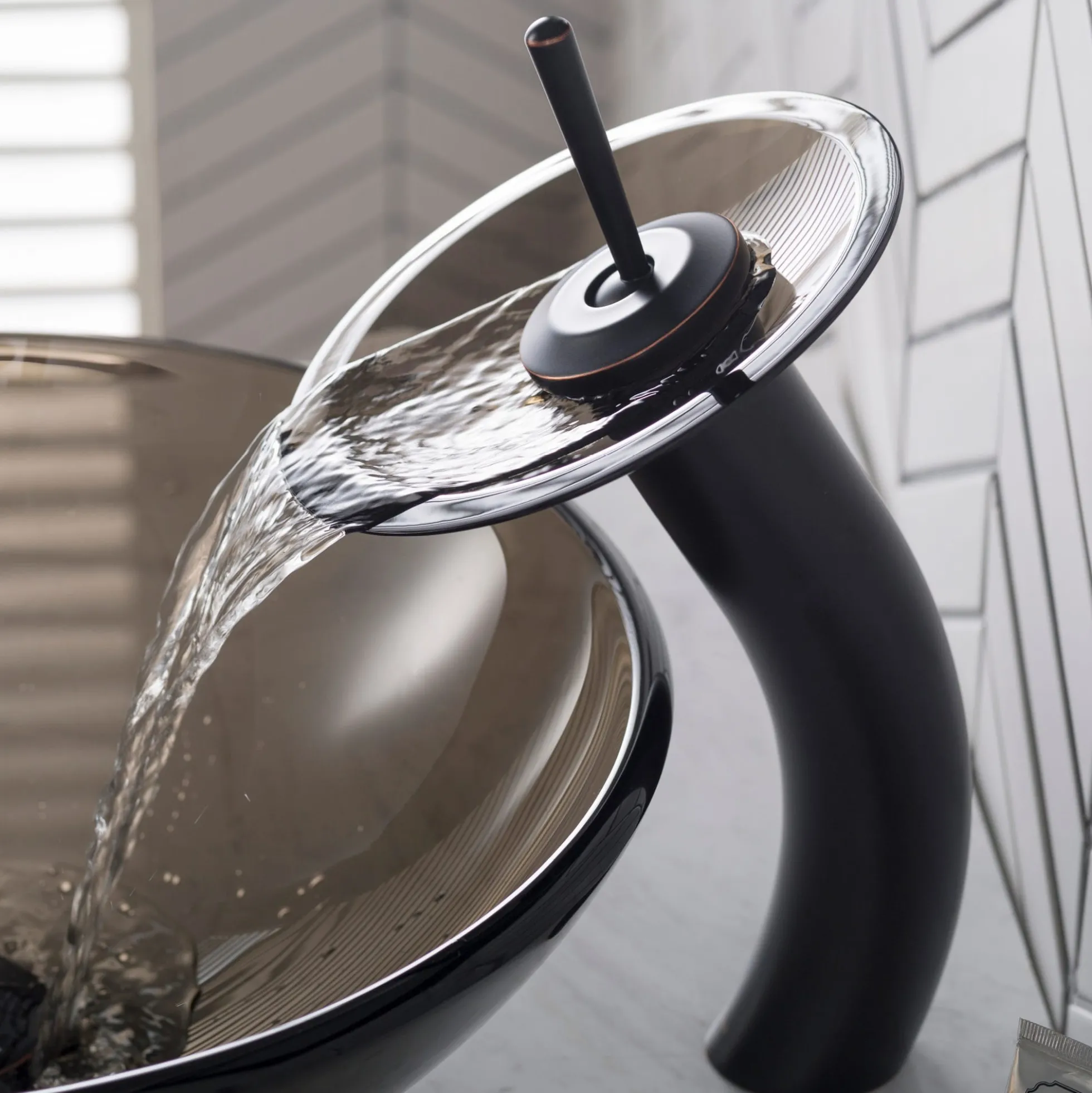 Waterfall Bathroom Faucet with Clear Brown Glass Disk in Oil Rubbed Bronze