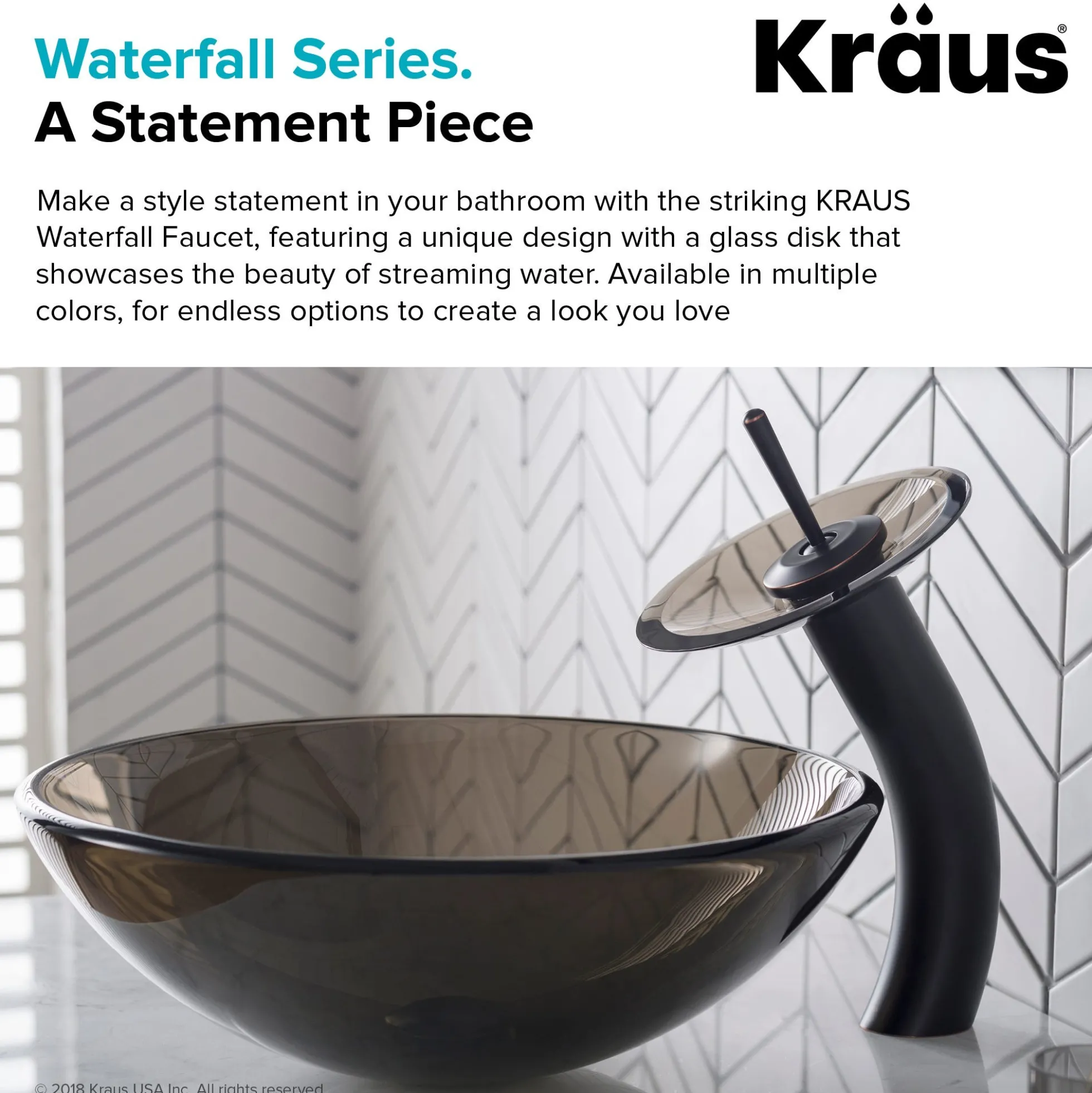 Waterfall Bathroom Faucet with Clear Brown Glass Disk in Oil Rubbed Bronze