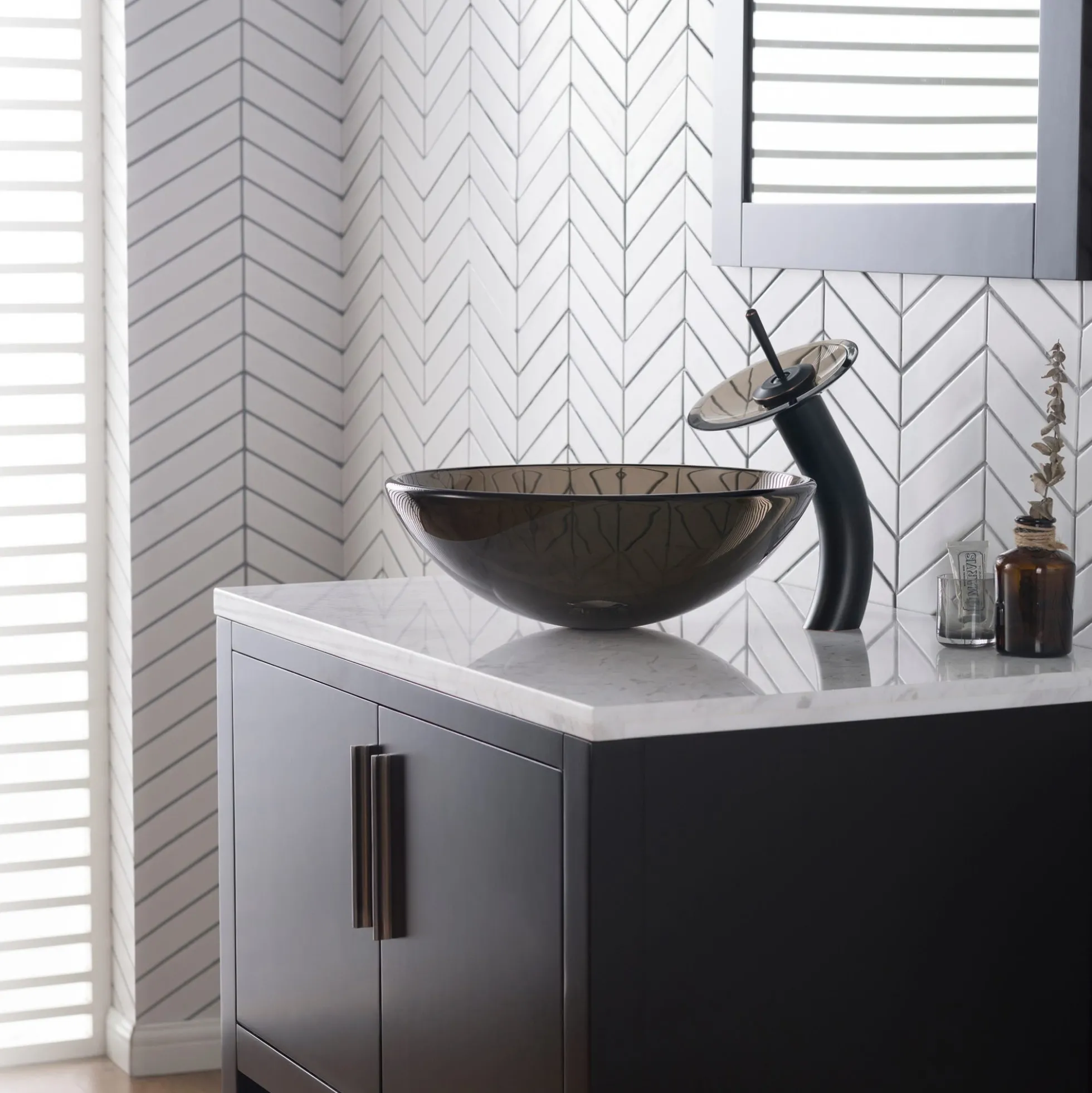 Waterfall Bathroom Faucet with Clear Brown Glass Disk in Oil Rubbed Bronze