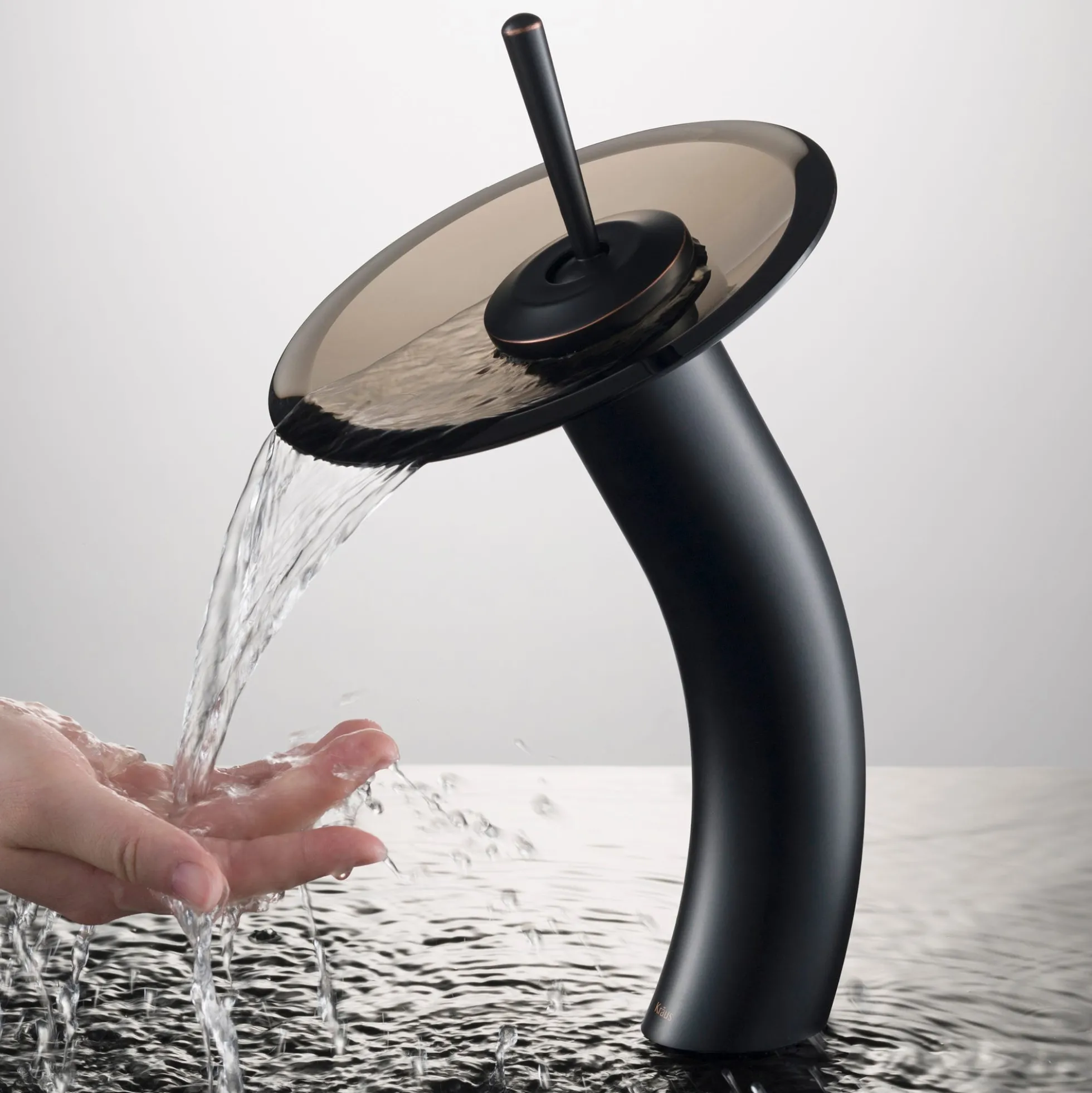 Waterfall Bathroom Faucet with Clear Brown Glass Disk in Oil Rubbed Bronze