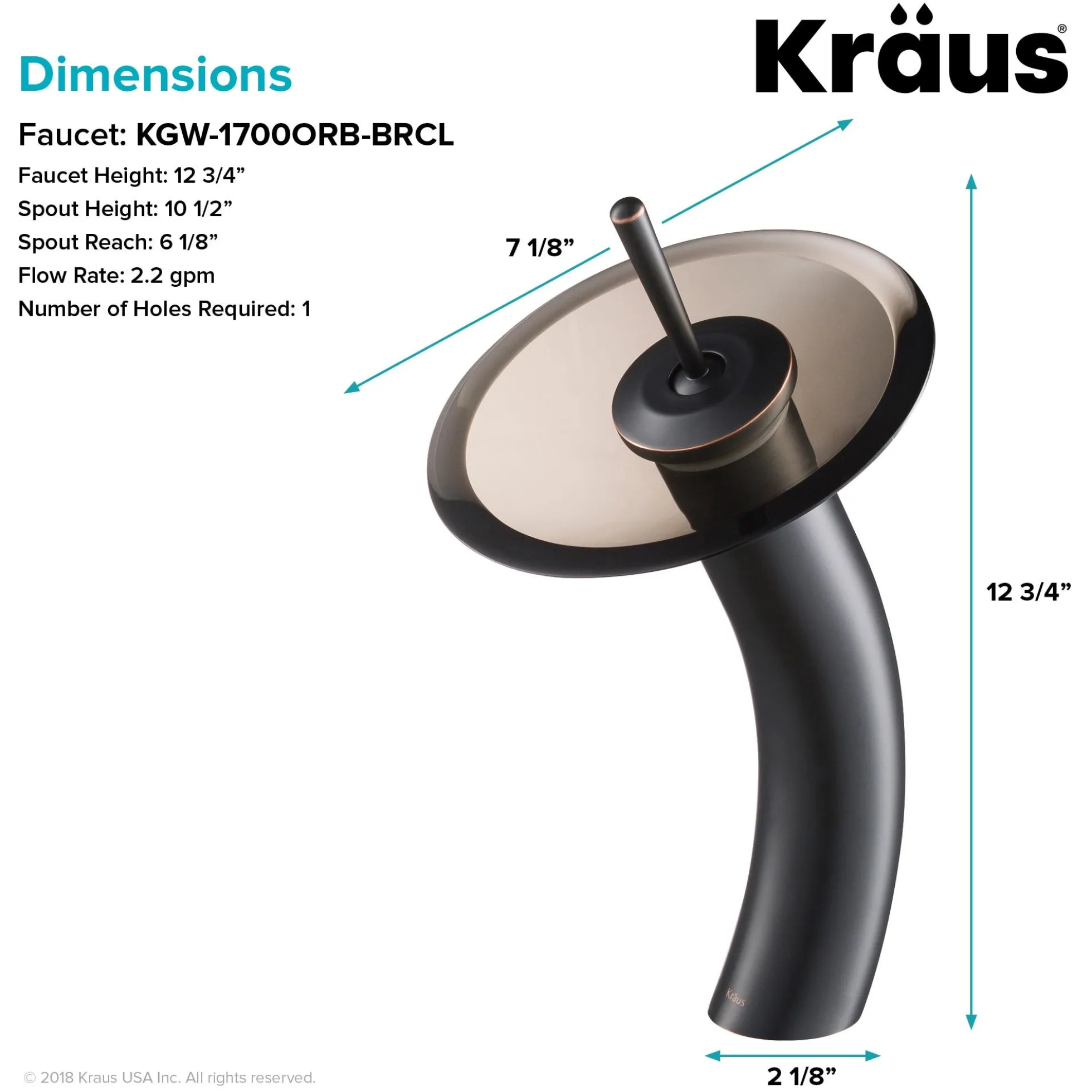 Waterfall Bathroom Faucet with Clear Brown Glass Disk in Oil Rubbed Bronze