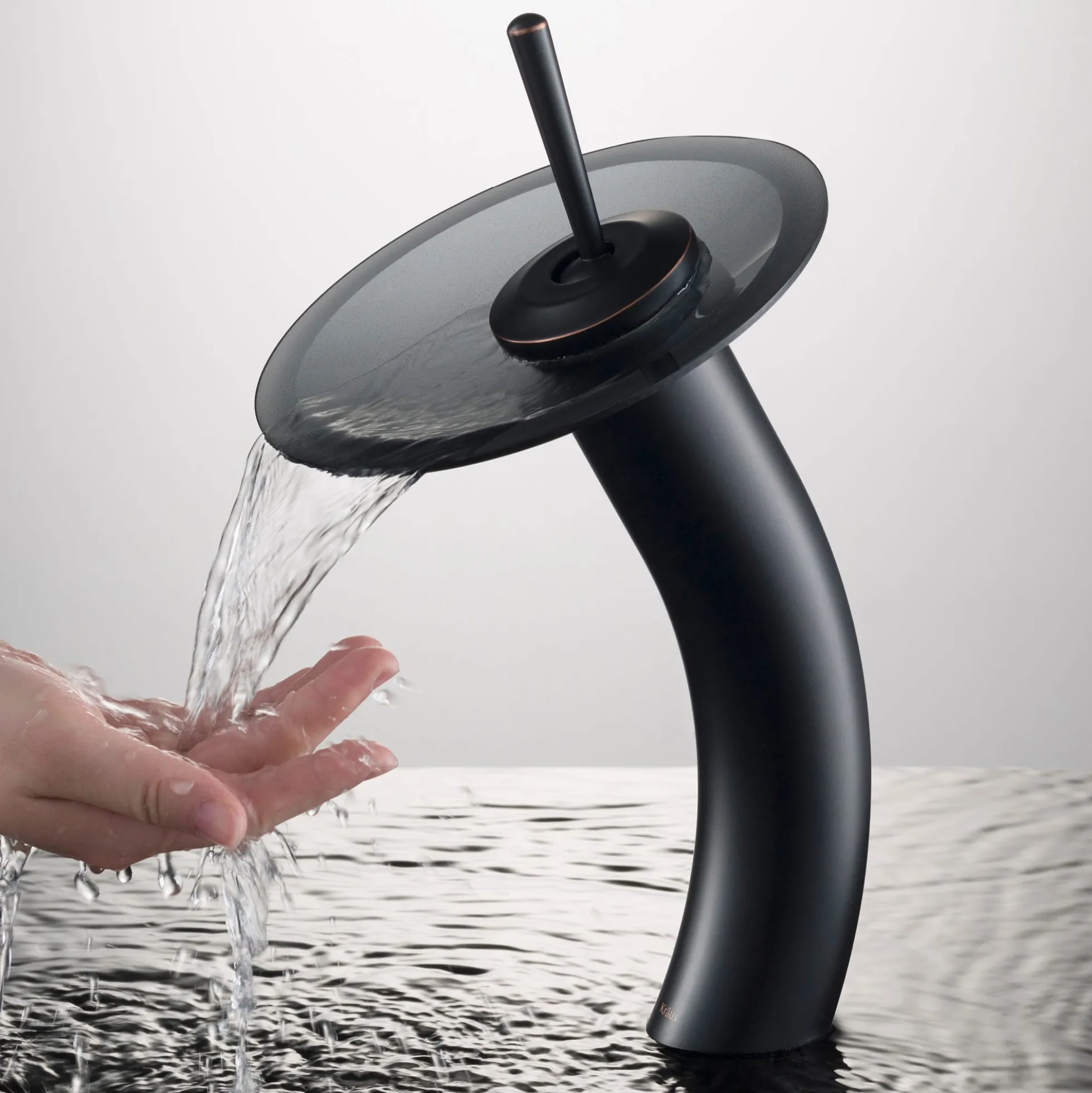 Waterfall Bathroom Faucet with Frosted Black Glass Disk in Oil Rubbed Bronze