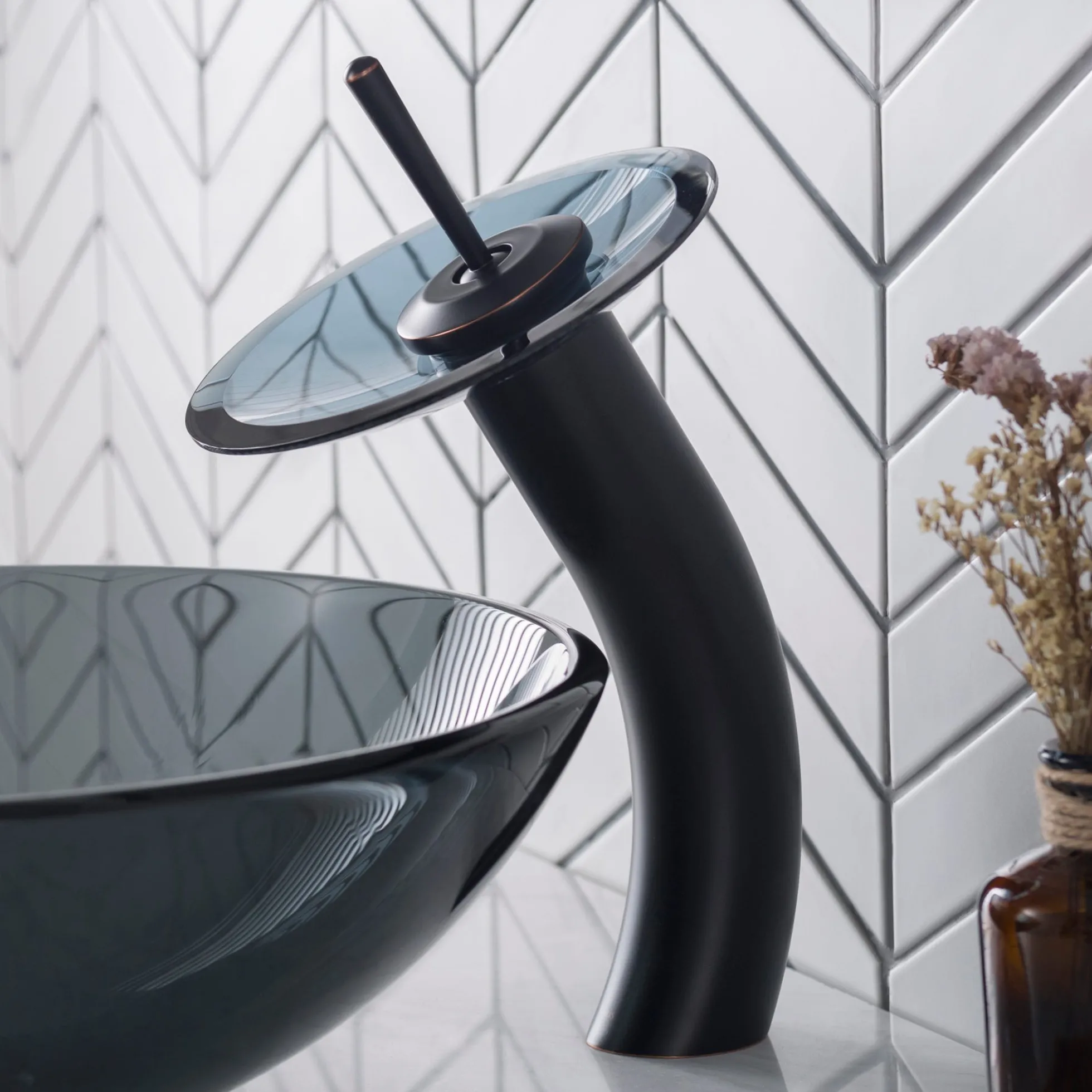 Waterfall Bathroom Faucet with Frosted Black Glass Disk in Oil Rubbed Bronze