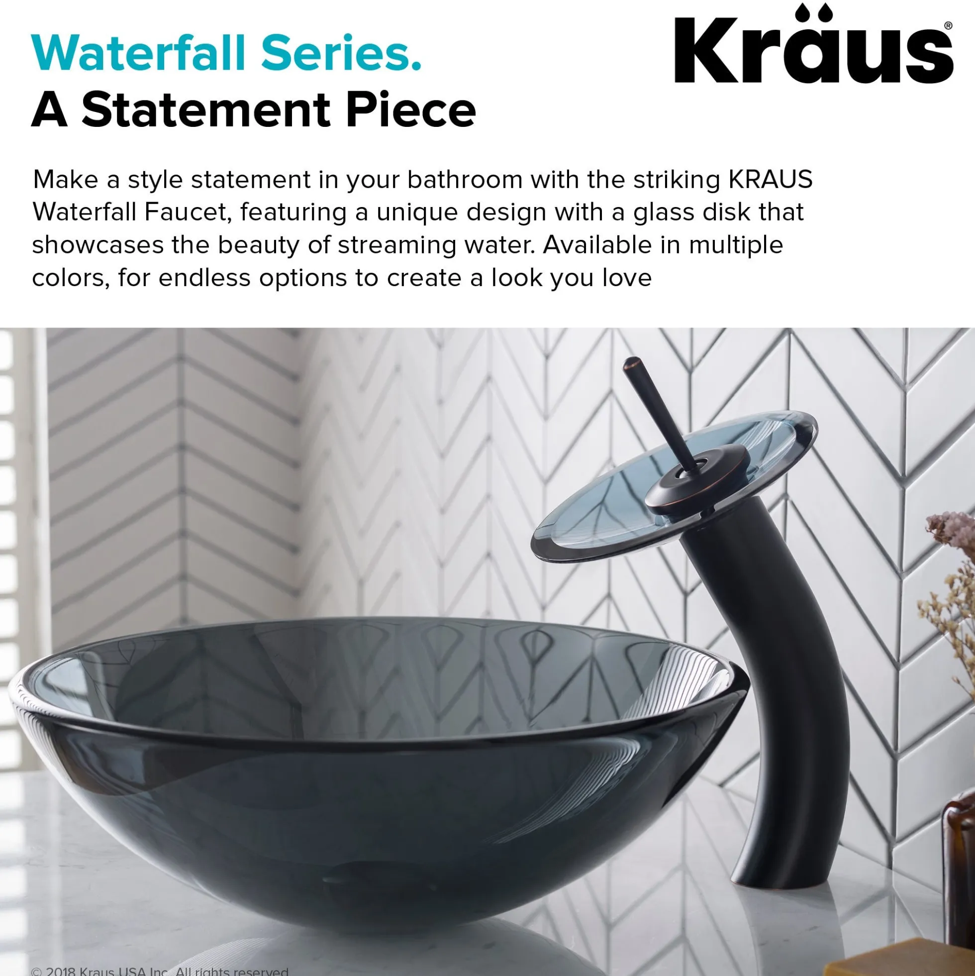 Waterfall Bathroom Faucet with Frosted Black Glass Disk in Oil Rubbed Bronze