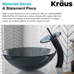 Waterfall Bathroom Faucet with Clear Black Glass Disk in Oil Rubbed Bronze