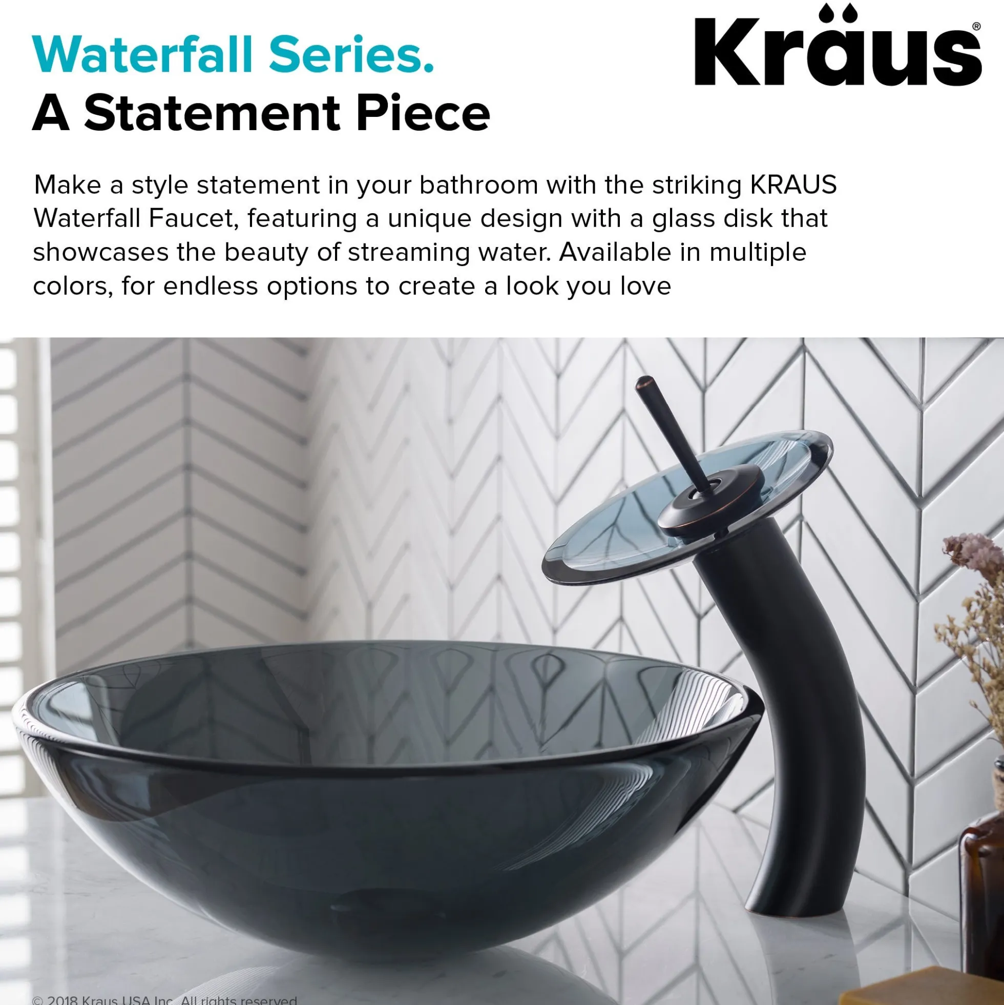 Waterfall Bathroom Faucet with Clear Black Glass Disk in Oil Rubbed Bronze