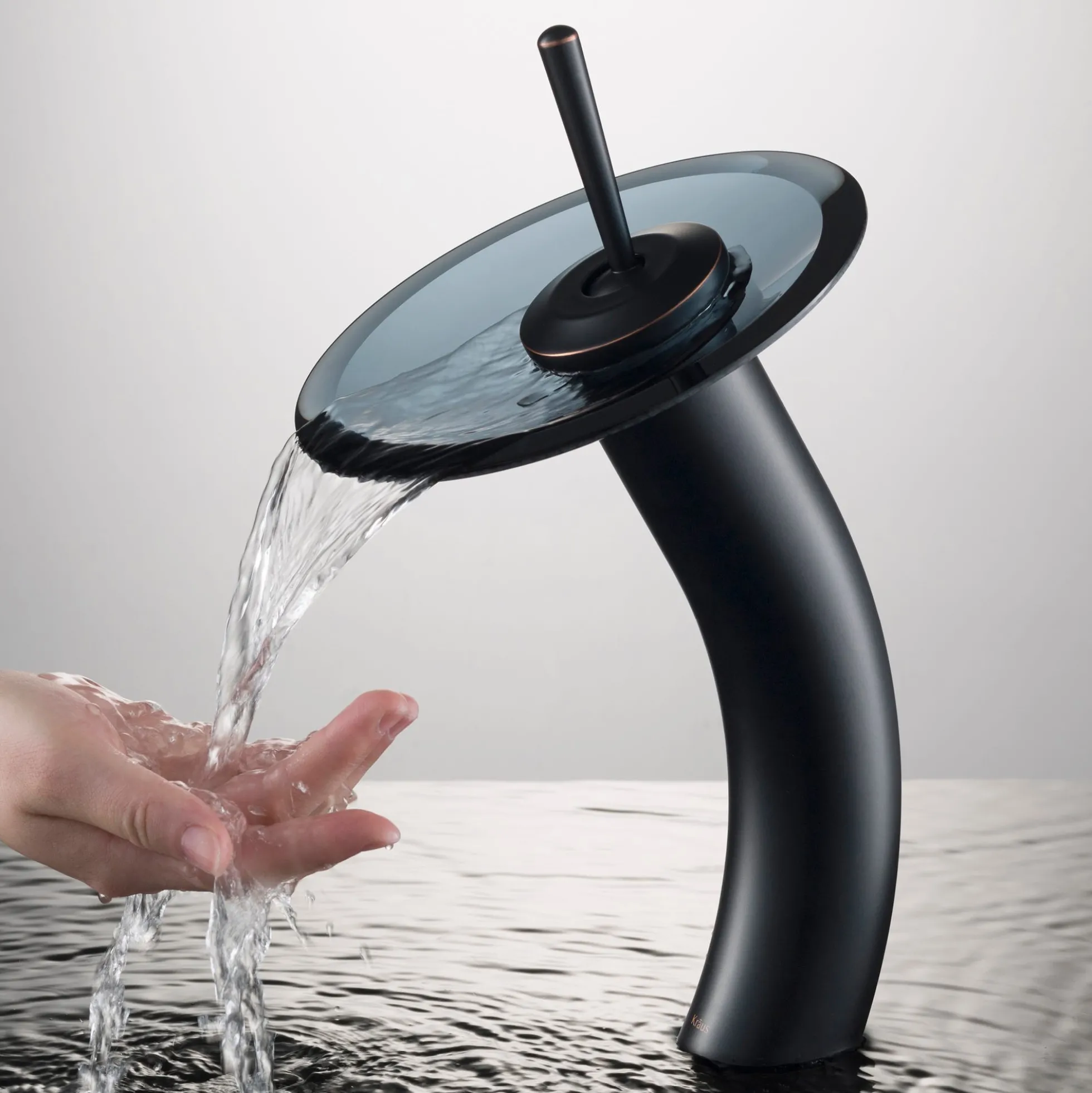 Waterfall Bathroom Faucet with Clear Black Glass Disk in Oil Rubbed Bronze
