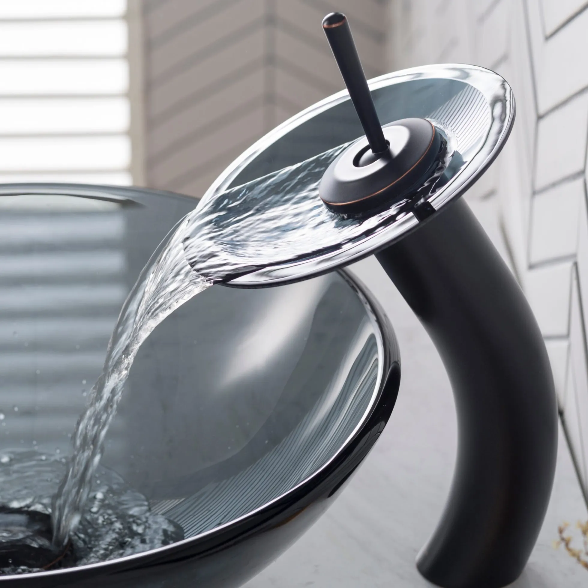 Waterfall Bathroom Faucet with Clear Black Glass Disk in Oil Rubbed Bronze