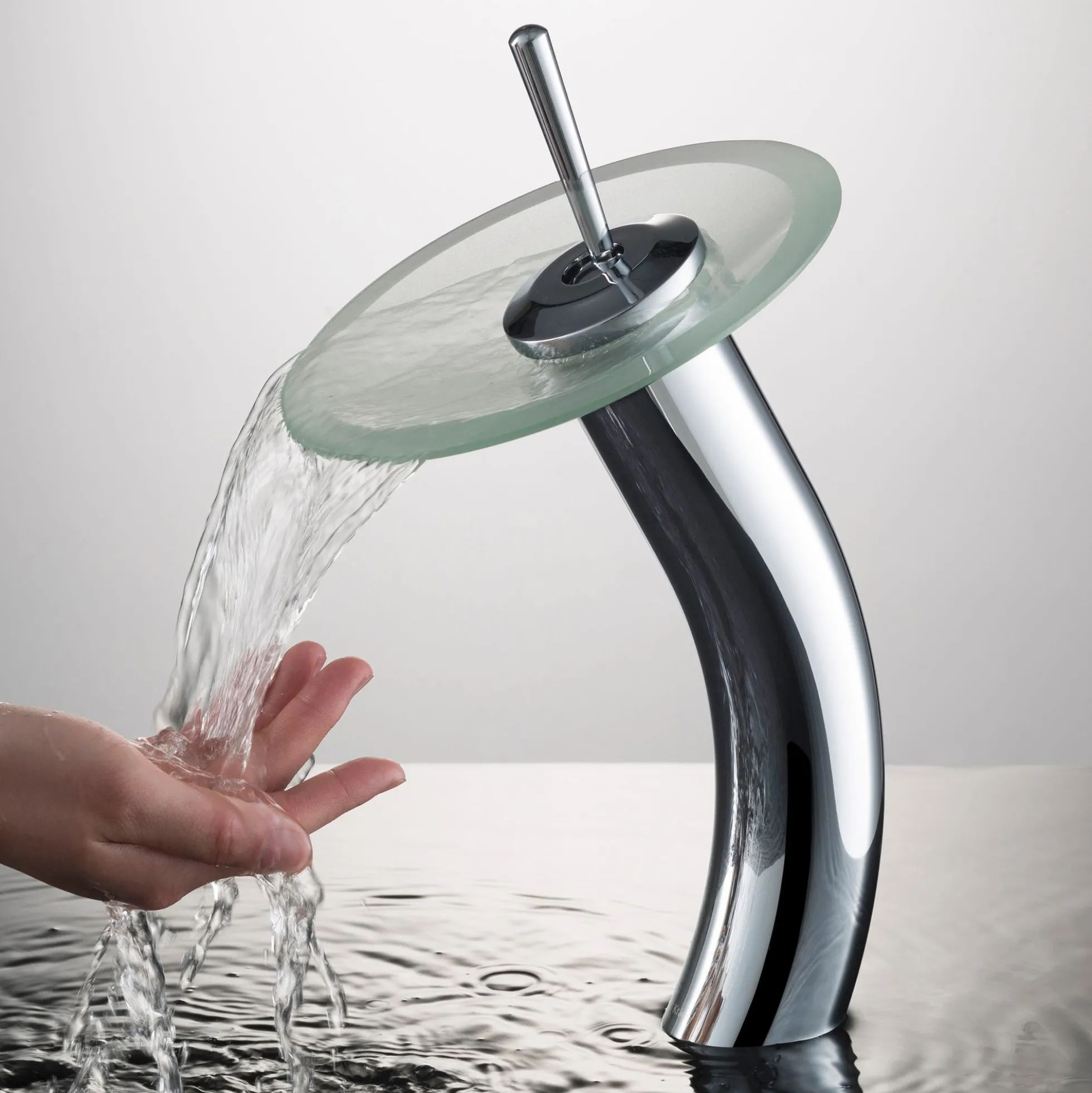 Waterfall Bathroom Faucet with Frosted Glass Disk in Chrome