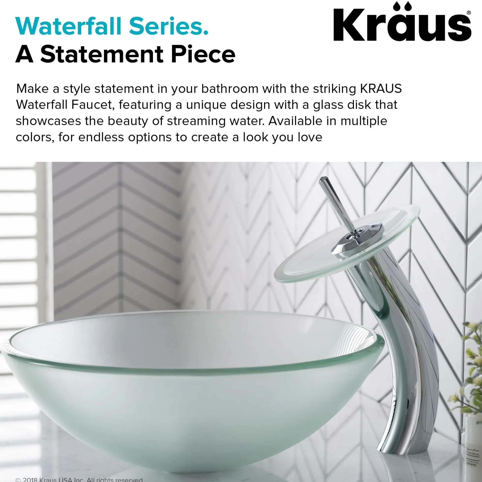 Waterfall Bathroom Faucet with Frosted Glass Disk in Chrome