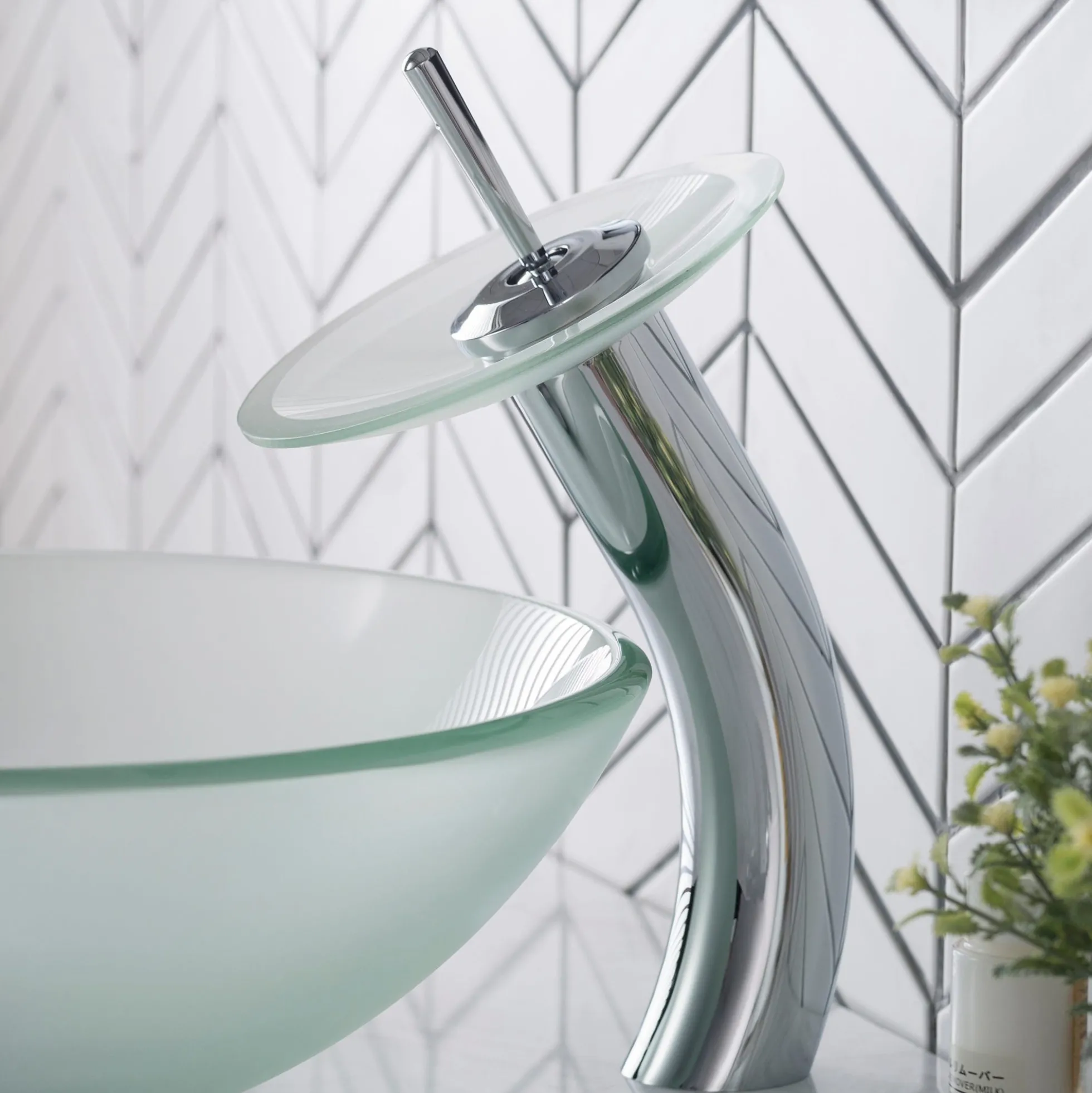 Waterfall Bathroom Faucet with Frosted Glass Disk in Chrome