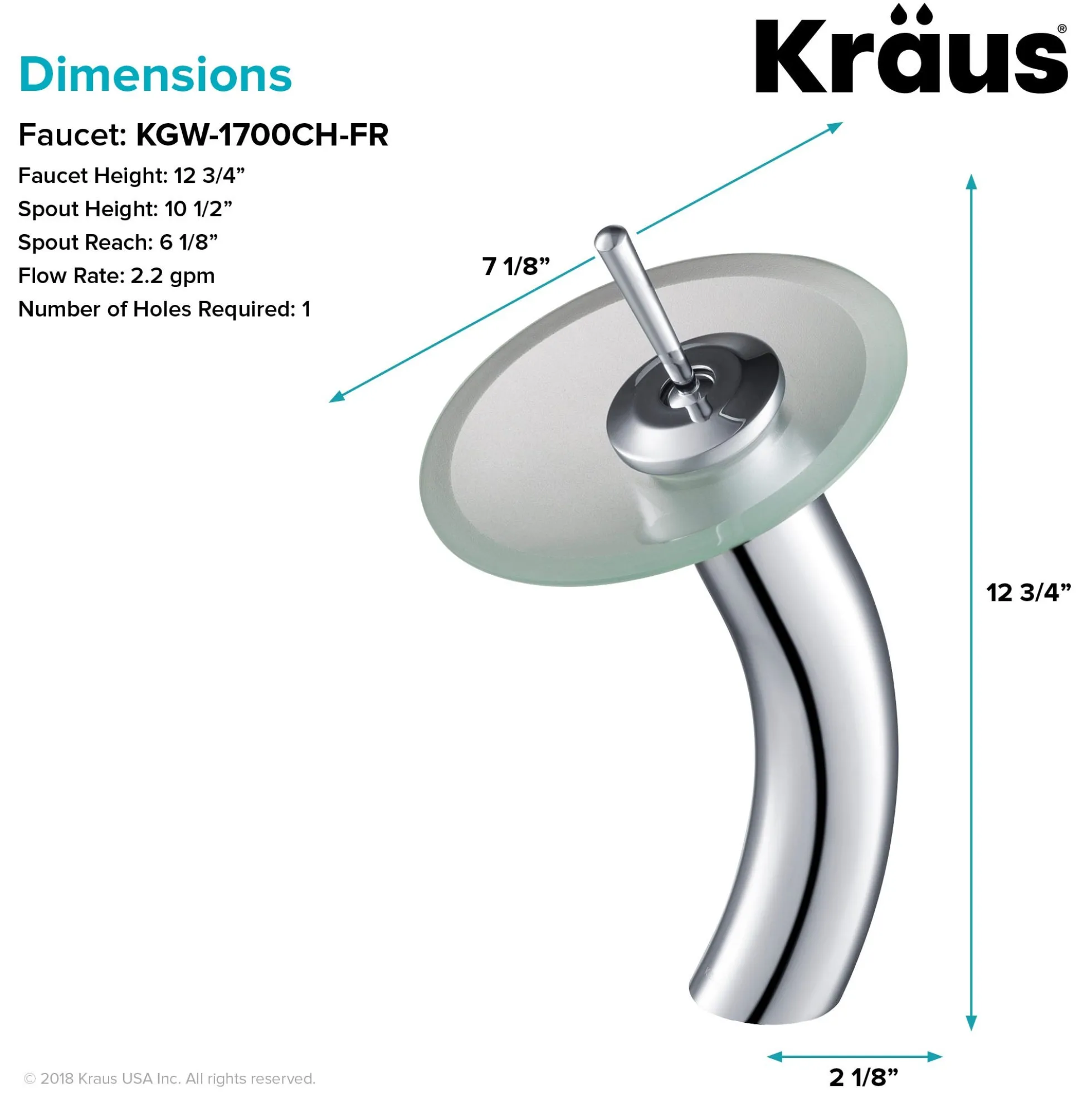 Waterfall Bathroom Faucet with Frosted Glass Disk in Chrome