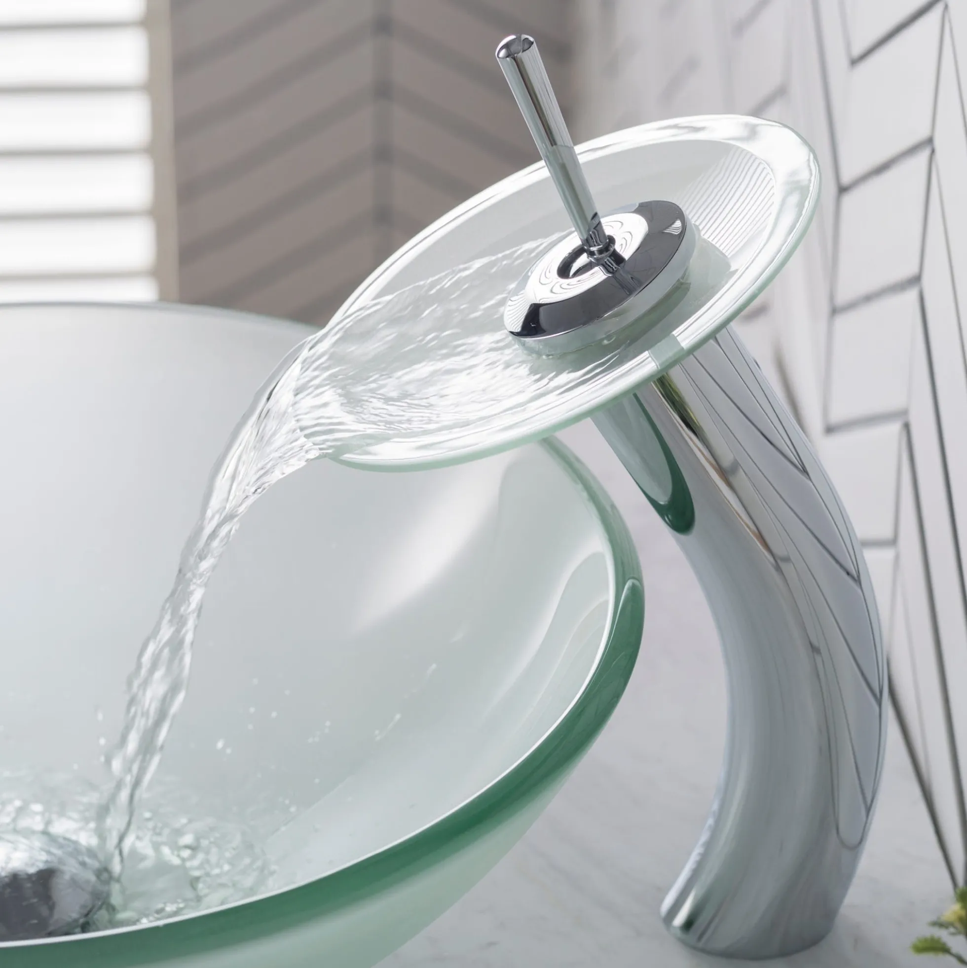 Waterfall Bathroom Faucet with Frosted Glass Disk in Chrome
