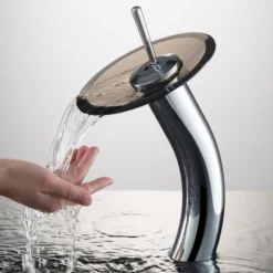 Waterfall Bathroom Faucet with Clear Brown Glass Disk in Chrome